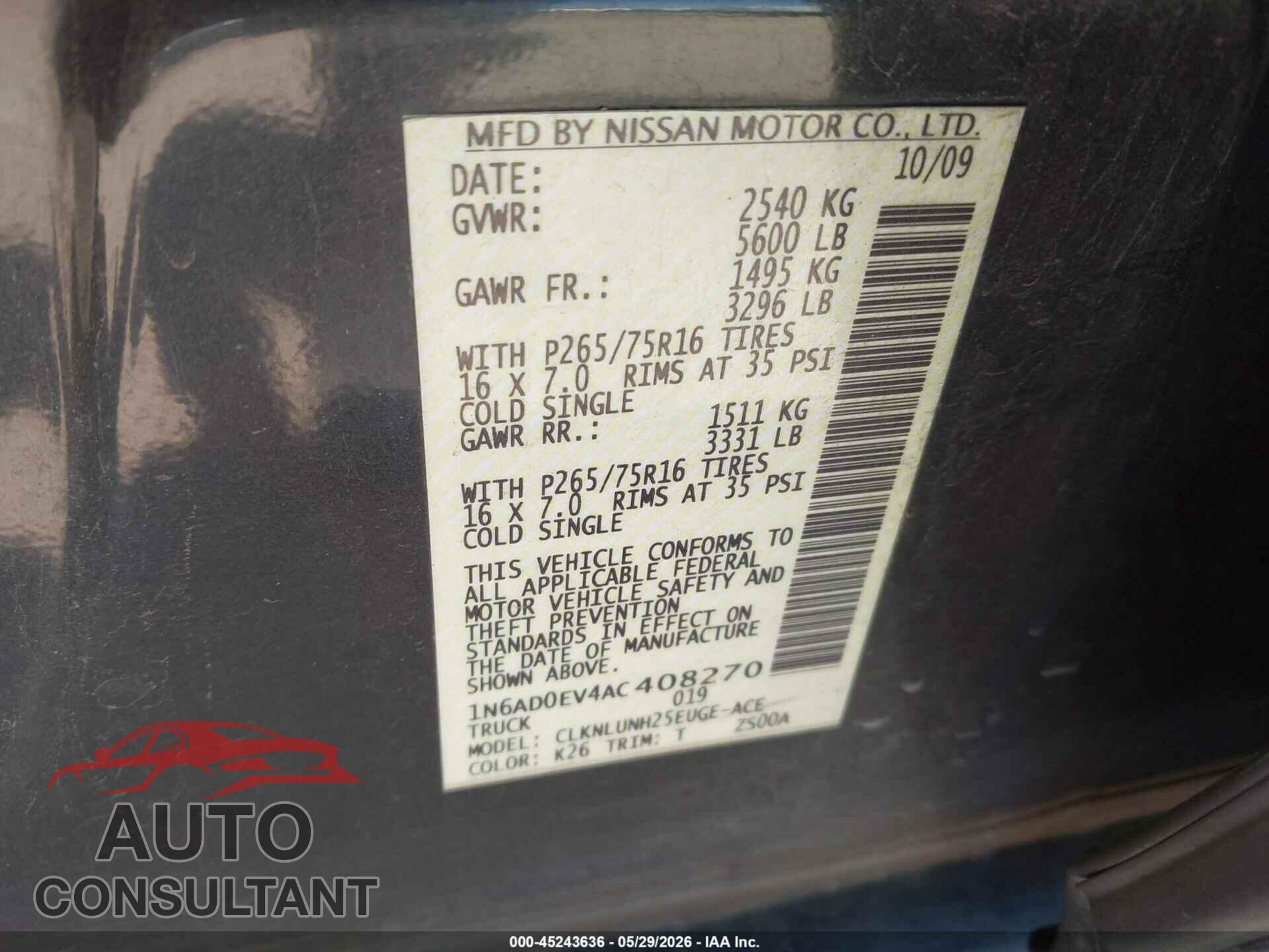 NISSAN FRONTIER 2010 - 1N6AD0EV4AC408270