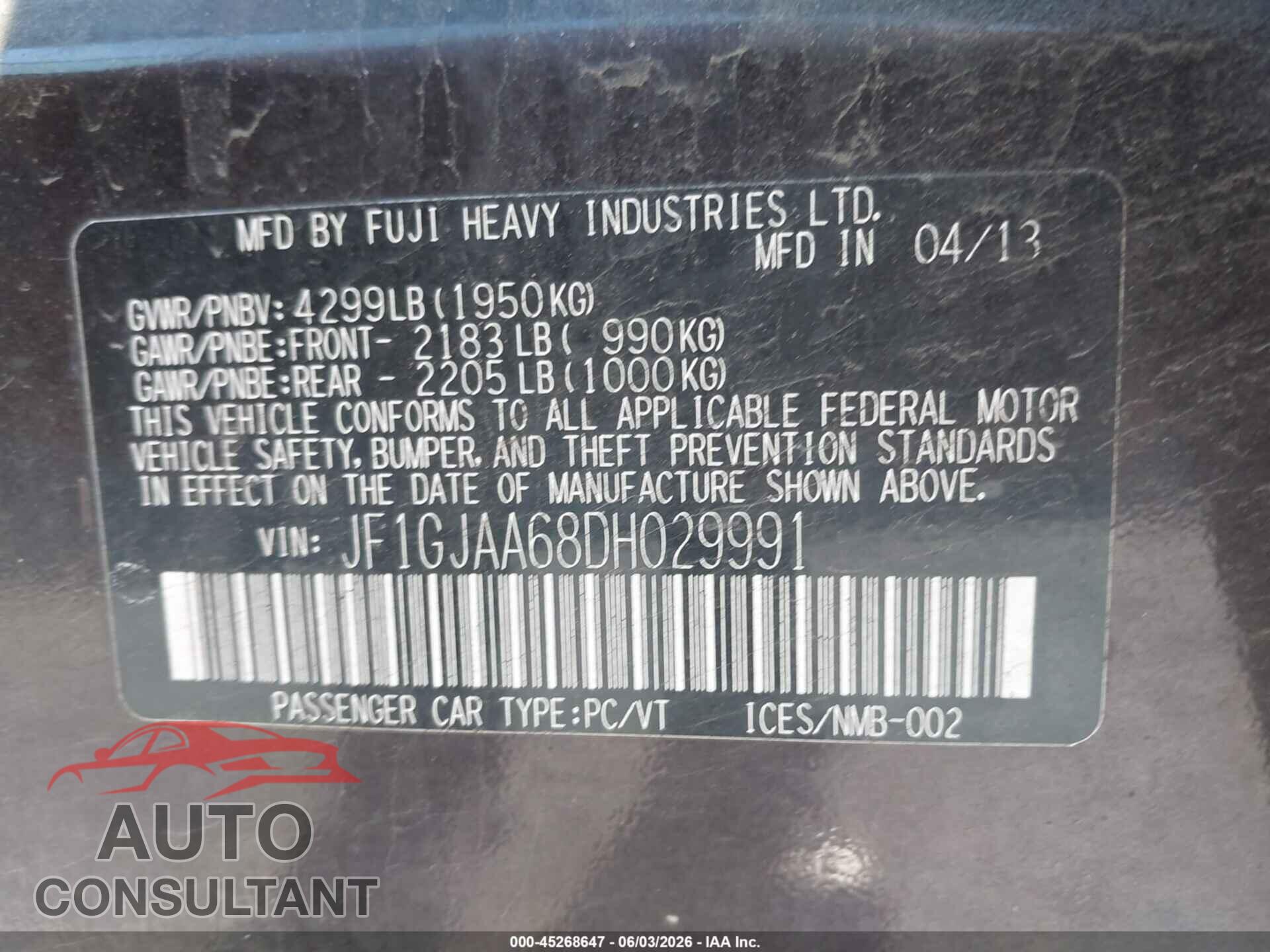SUBARU IMPREZA 2013 - JF1GJAA68DH029991