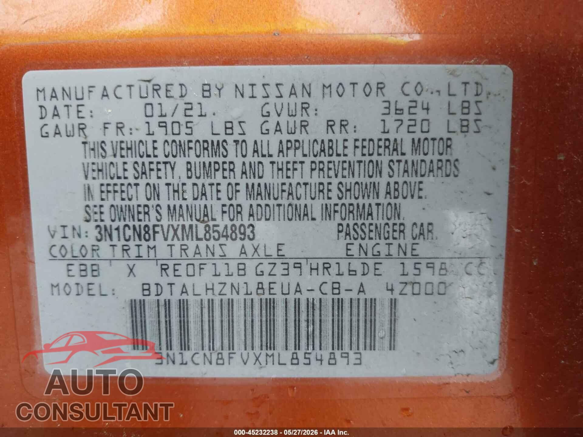 NISSAN VERSA 2021 - 3N1CN8FVXML854893