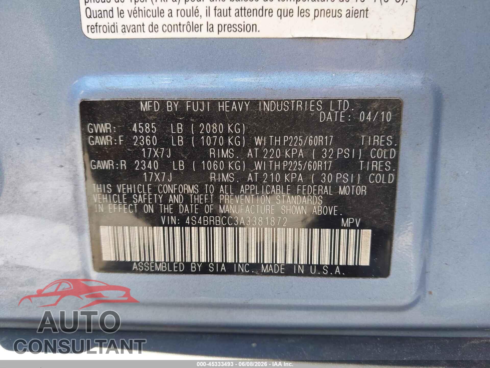 SUBARU OUTBACK 2010 - 4S4BRBCC3A3381872