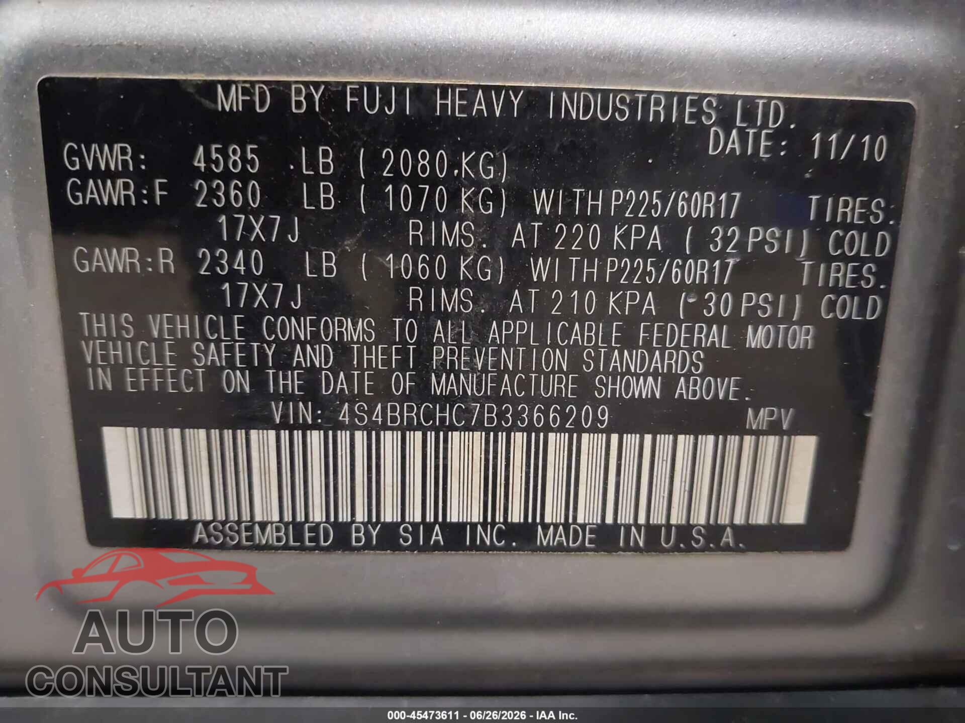 SUBARU OUTBACK 2011 - 4S4BRCHC7B3366209
