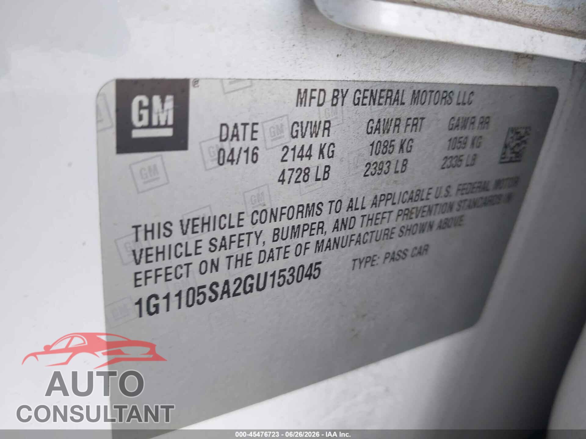 CHEVROLET IMPALA 2016 - 1G1105SA2GU153045