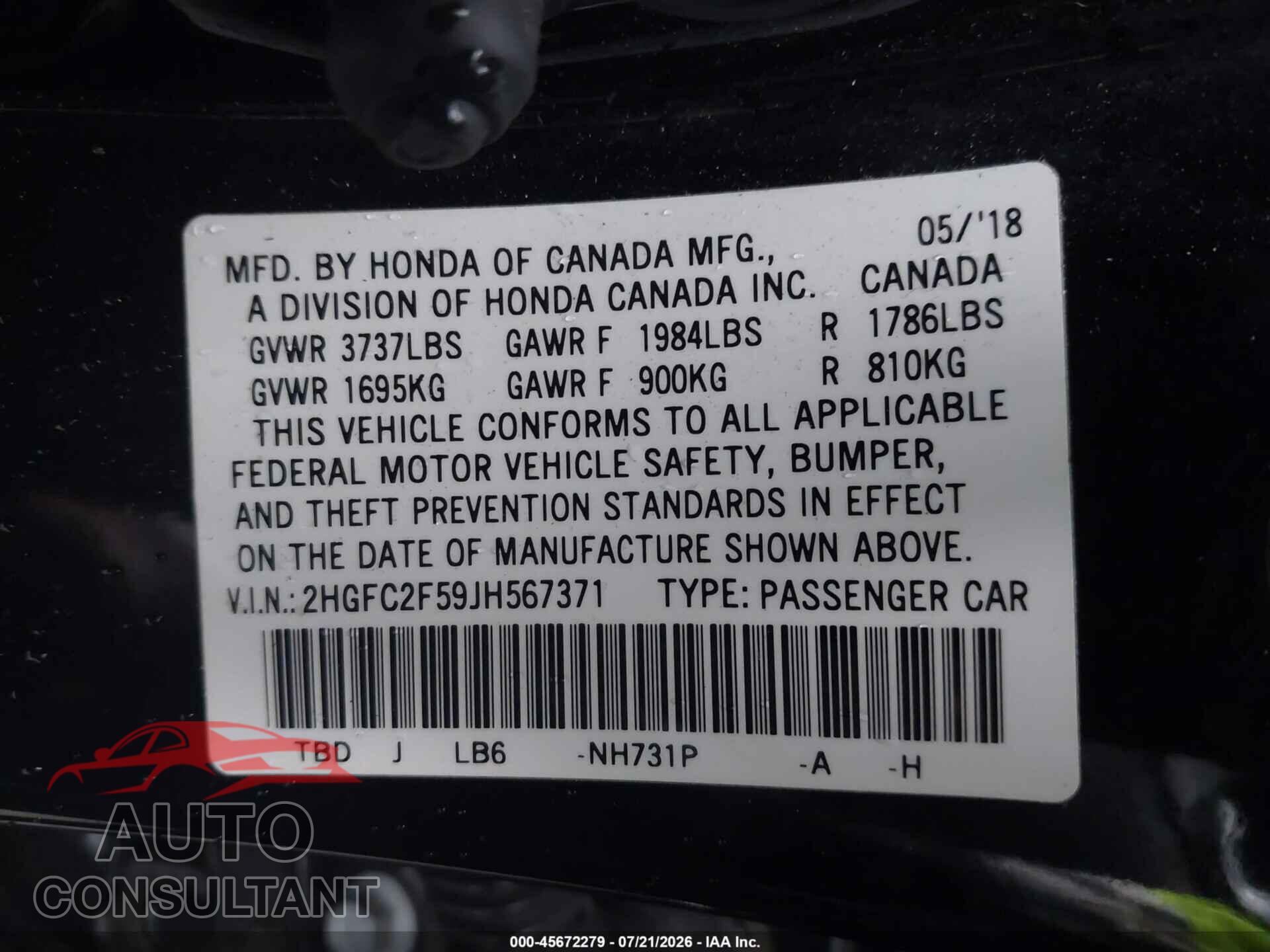 HONDA CIVIC 2018 - 2HGFC2F59JH567371