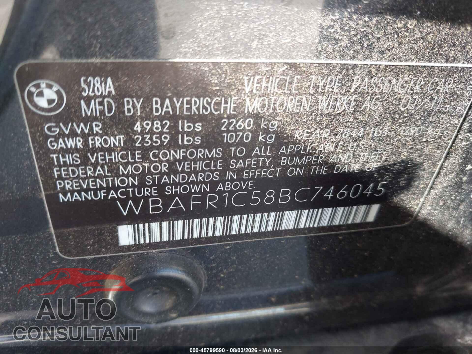 BMW 528I 2011 - WBAFR1C58BC746045
