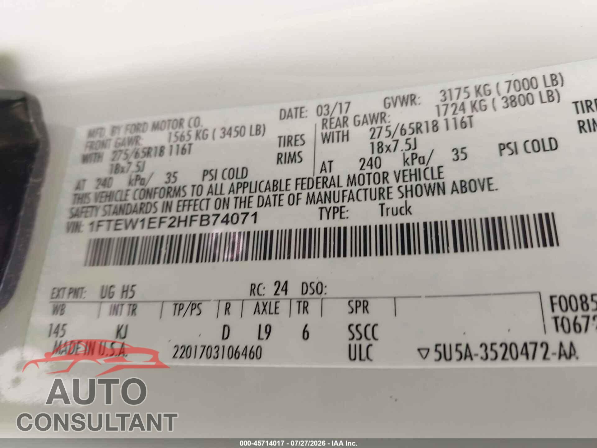 FORD F-150 2017 - 1FTEW1EF2HFB74071
