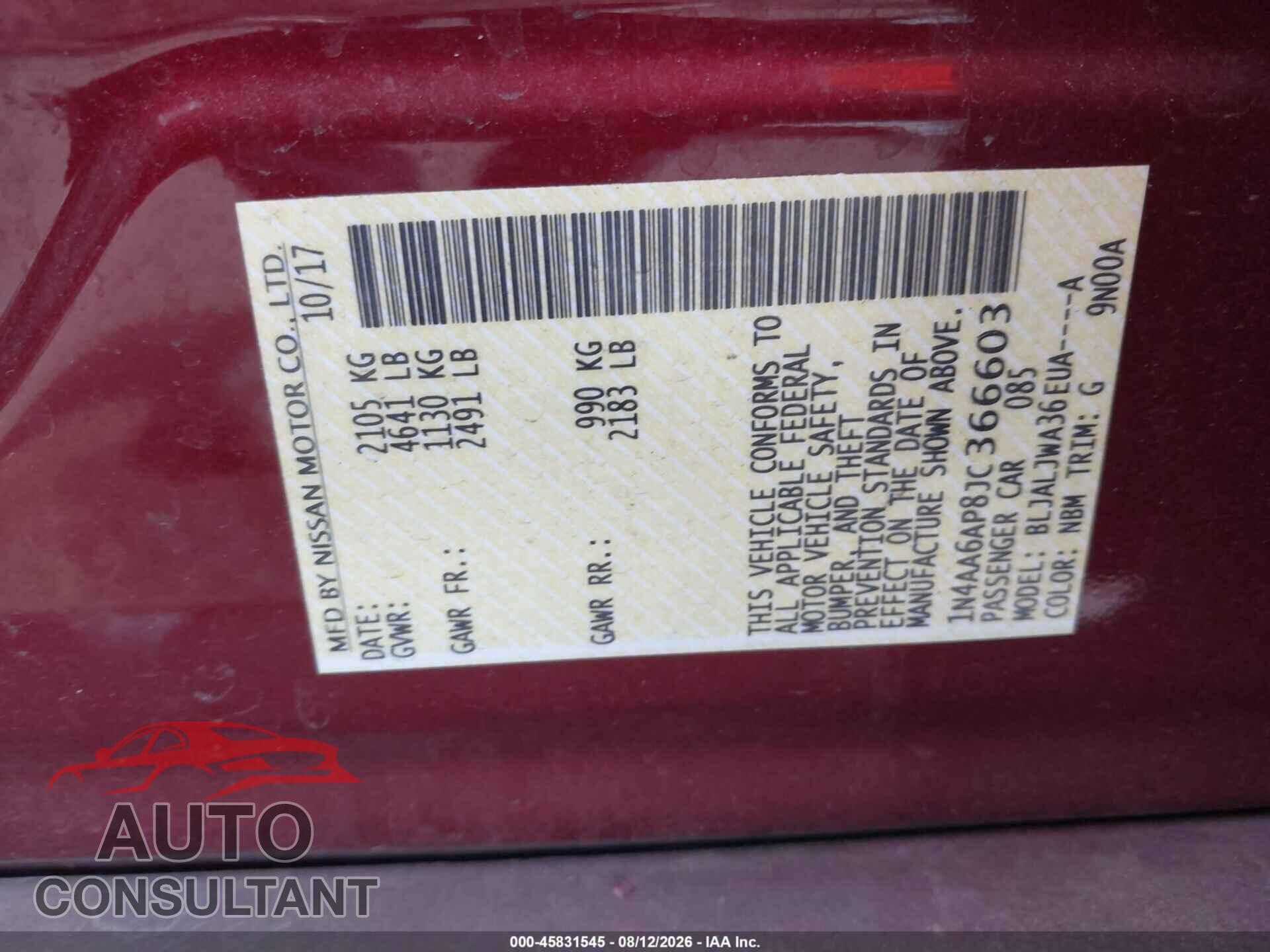 NISSAN MAXIMA 2018 - 1N4AA6AP8JC366603