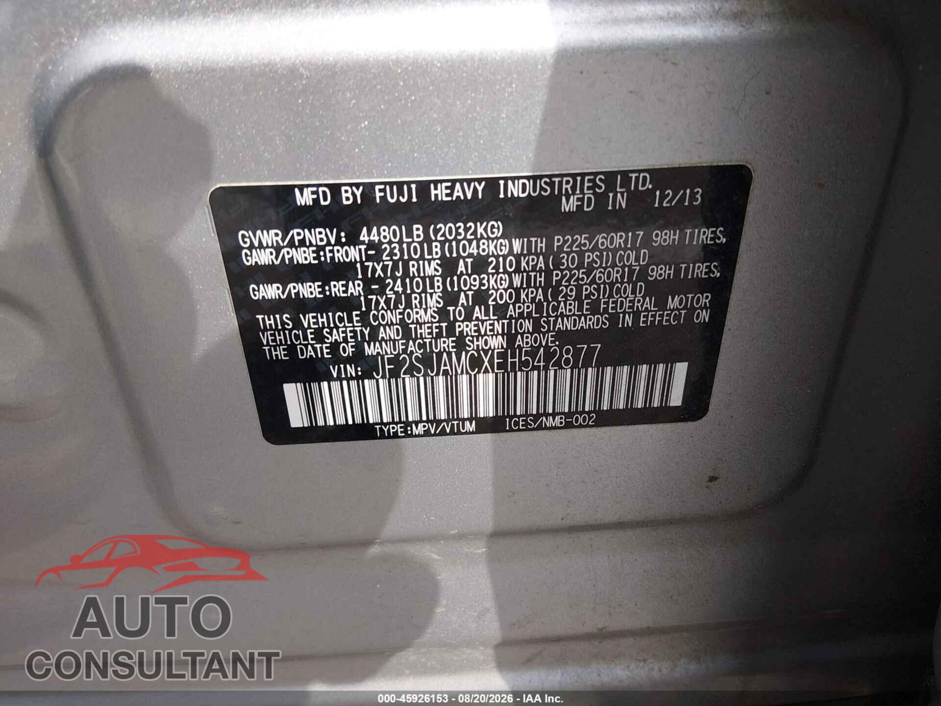 SUBARU FORESTER 2014 - JF2SJAMCXEH542877