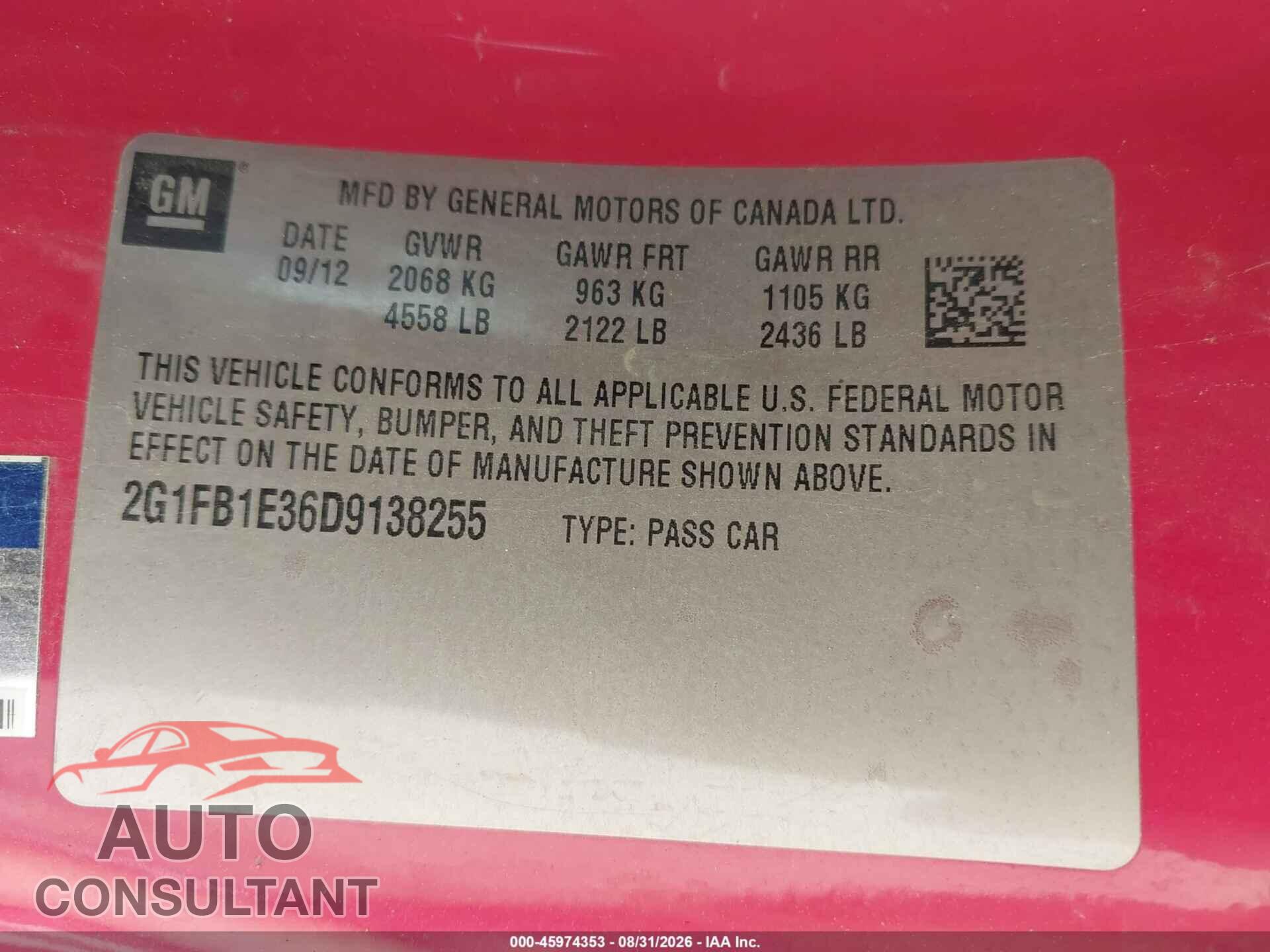 CHEVROLET CAMARO 2013 - 2G1FB1E36D9138255