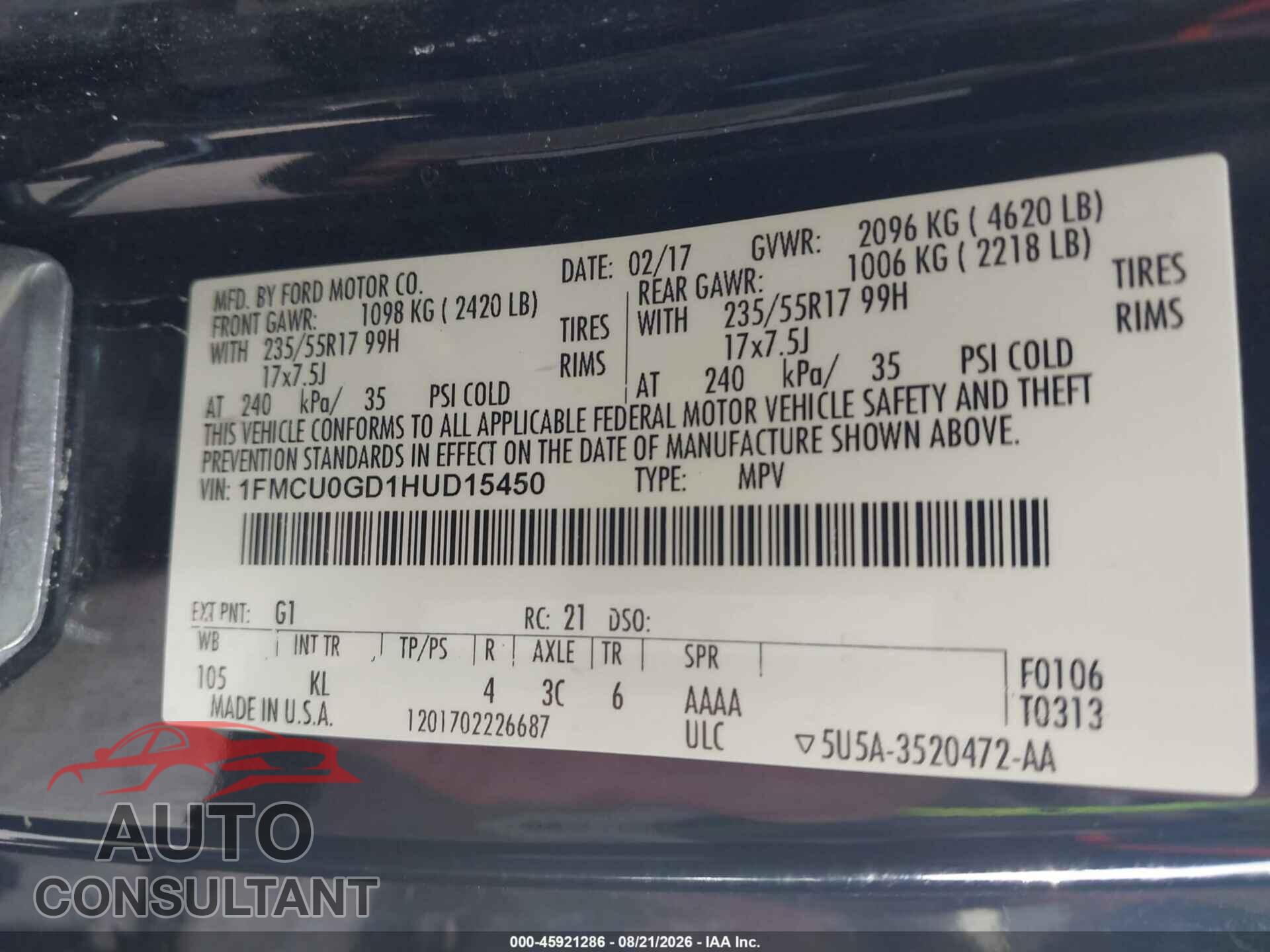 FORD ESCAPE 2017 - 1FMCU0GD1HUD15450