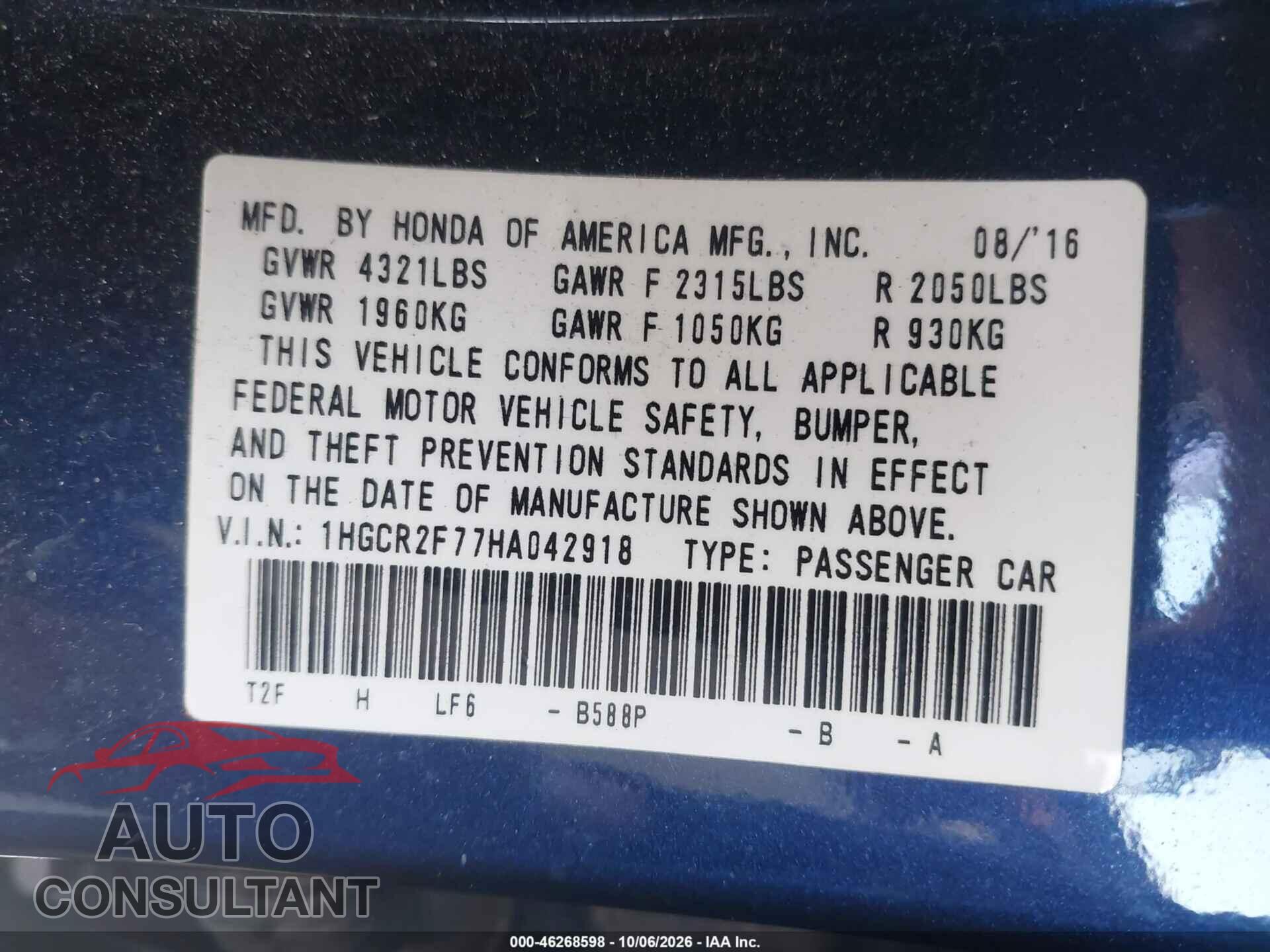HONDA ACCORD 2017 - 1HGCR2F77HA042918