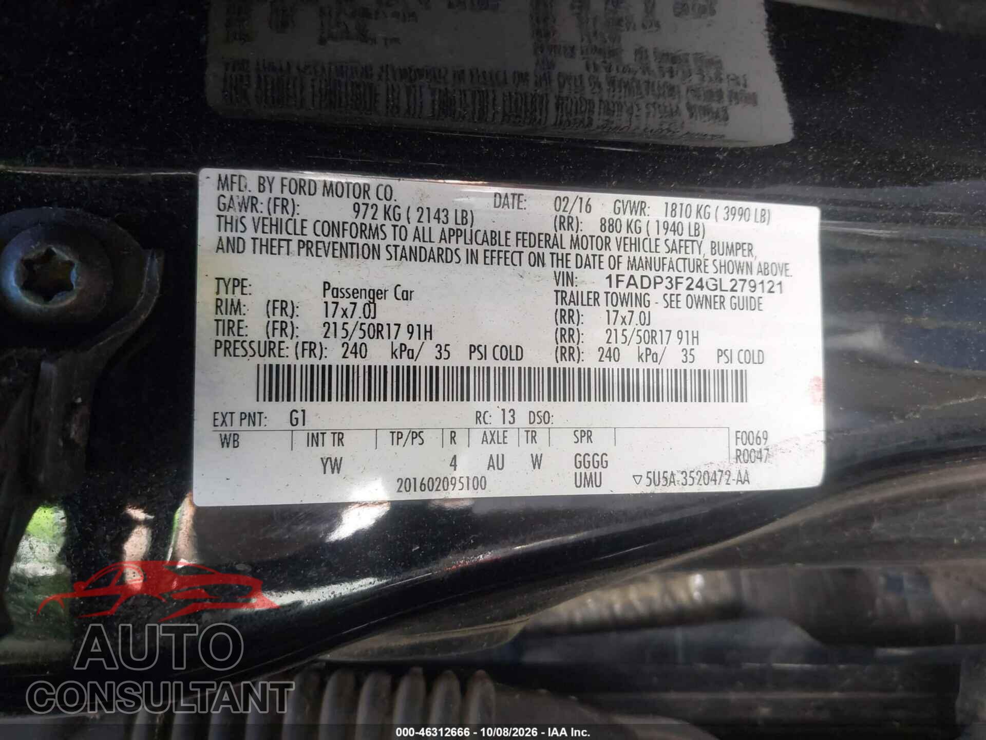 FORD FOCUS 2016 - 1FADP3F24GL279121