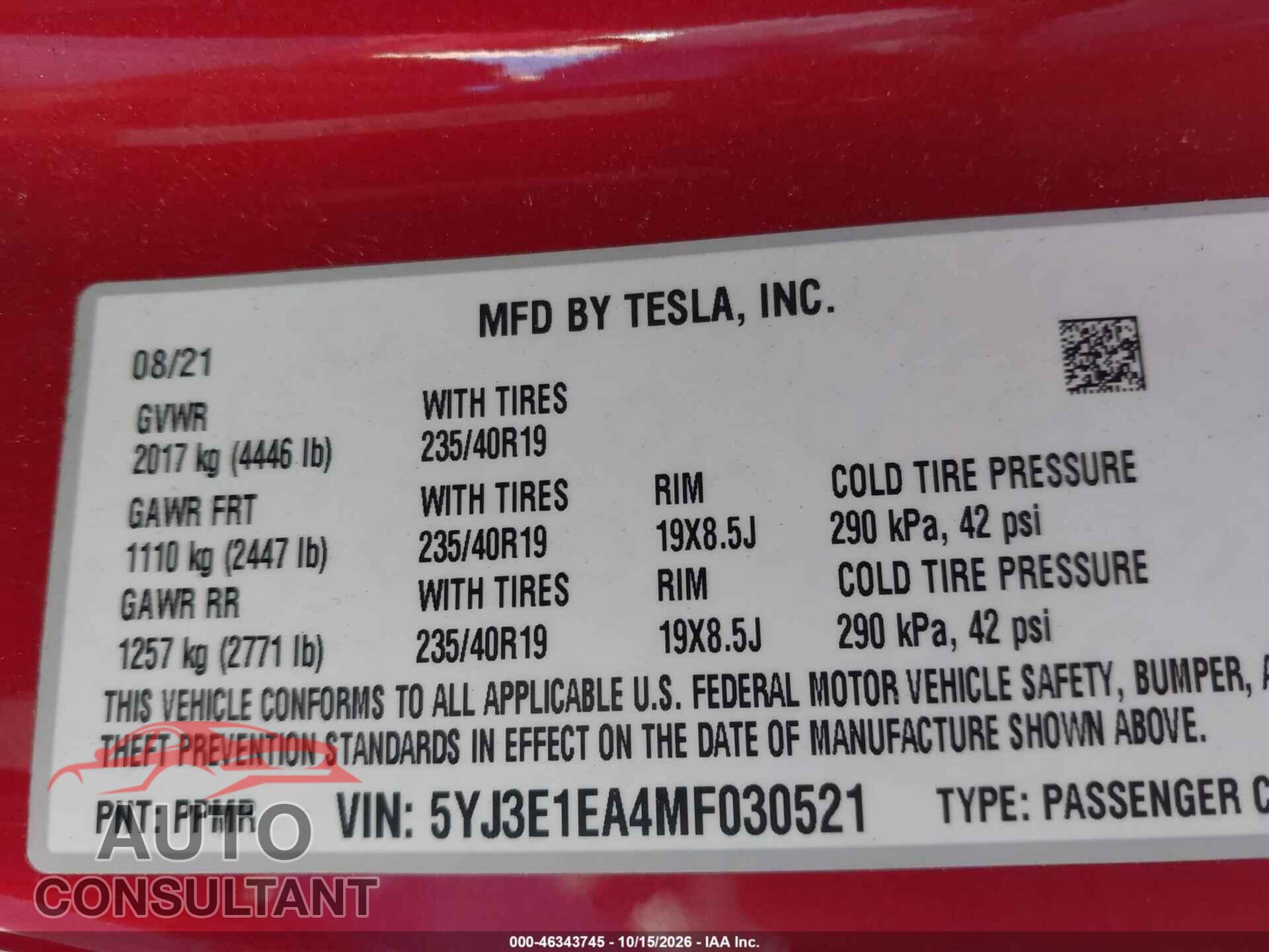 TESLA MODEL 3 2021 - 5YJ3E1EA4MF030521