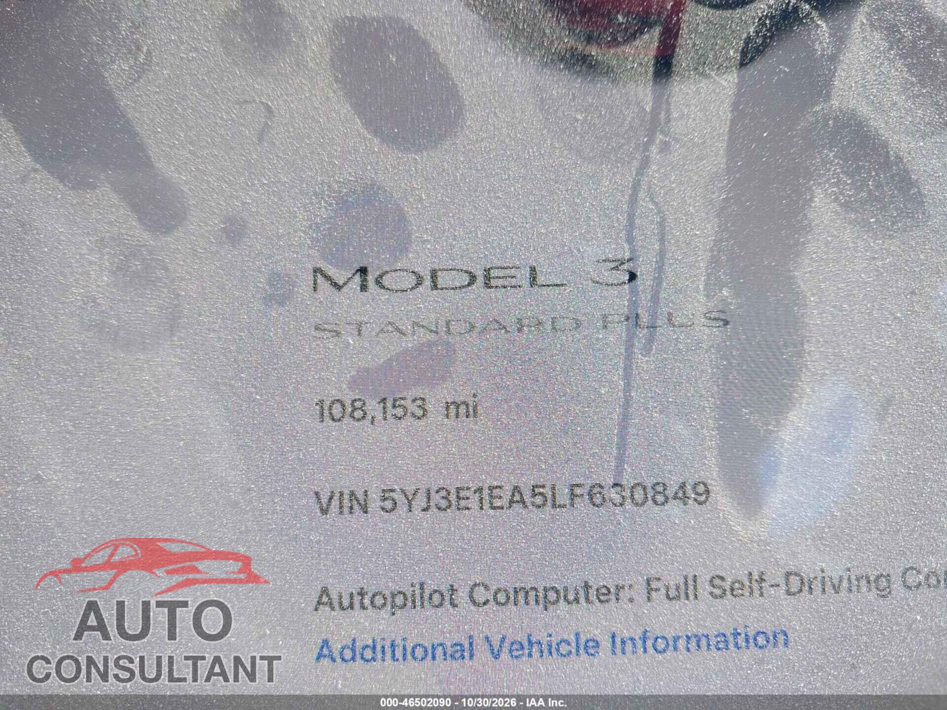 TESLA MODEL 3 2020 - 5YJ3E1EA5LF630849