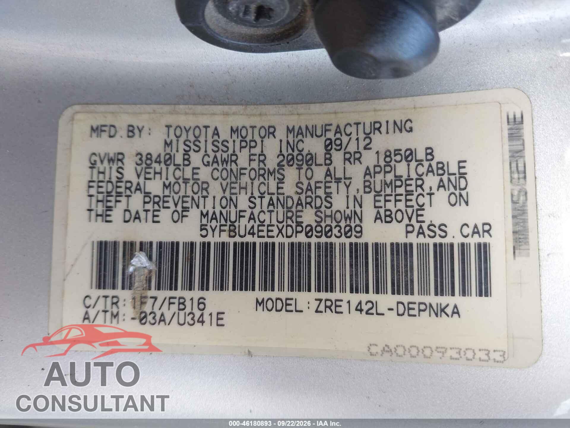 TOYOTA COROLLA 2013 - 5YFBU4EEXDP090309