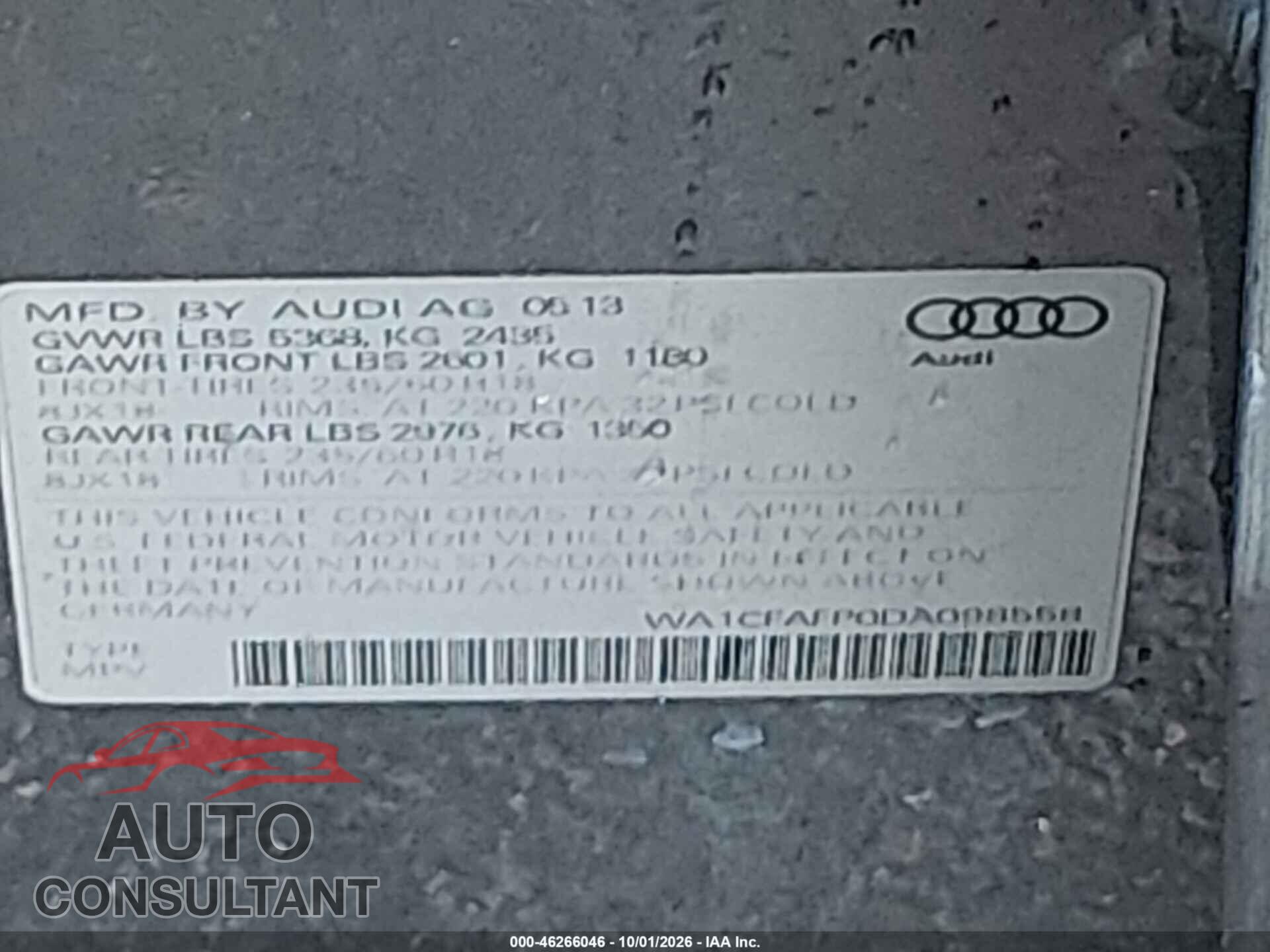 AUDI Q5 2013 - WA1CFAFP0DA098558
