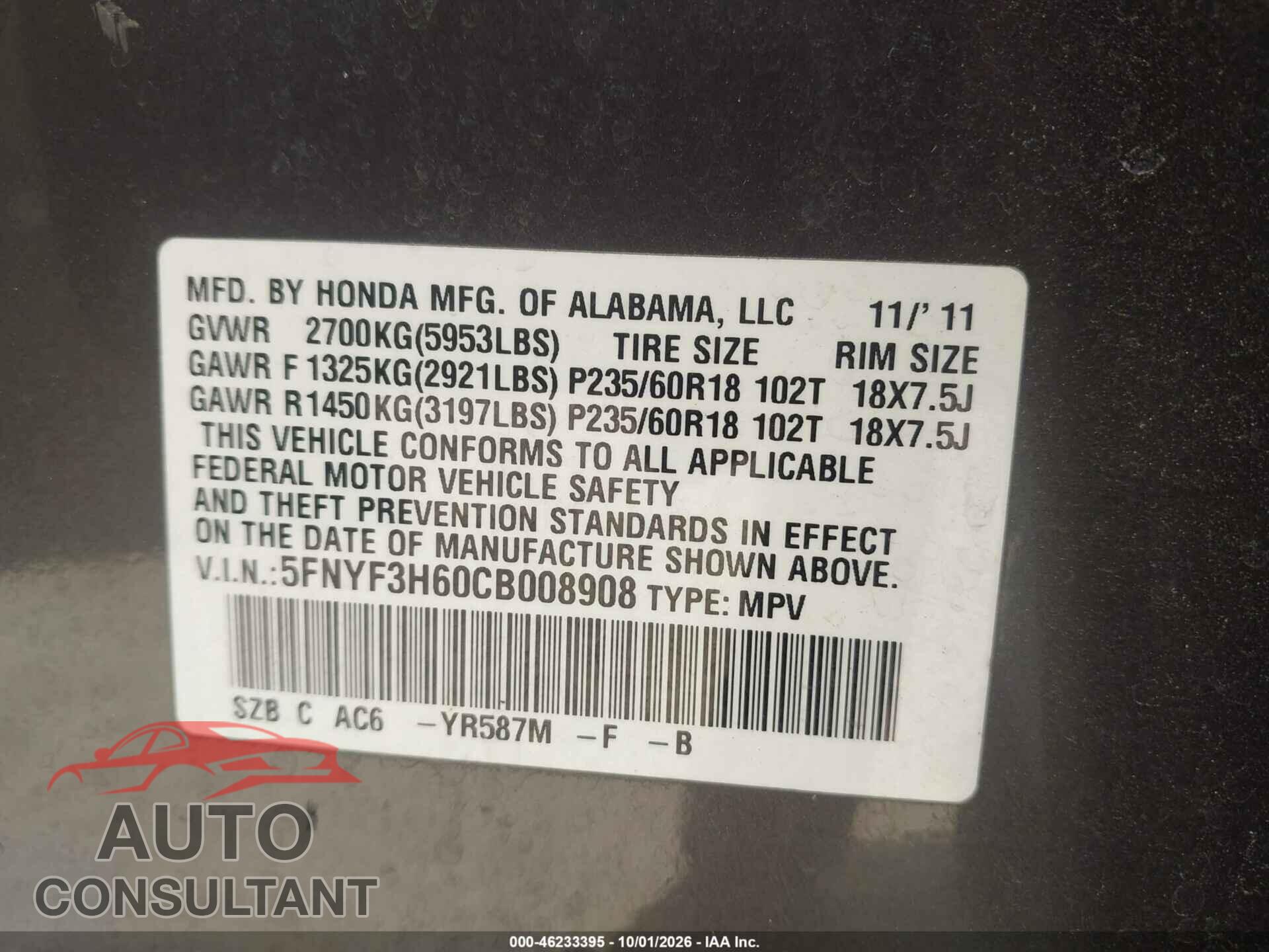 HONDA PILOT 2012 - 5FNYF3H60CB008908