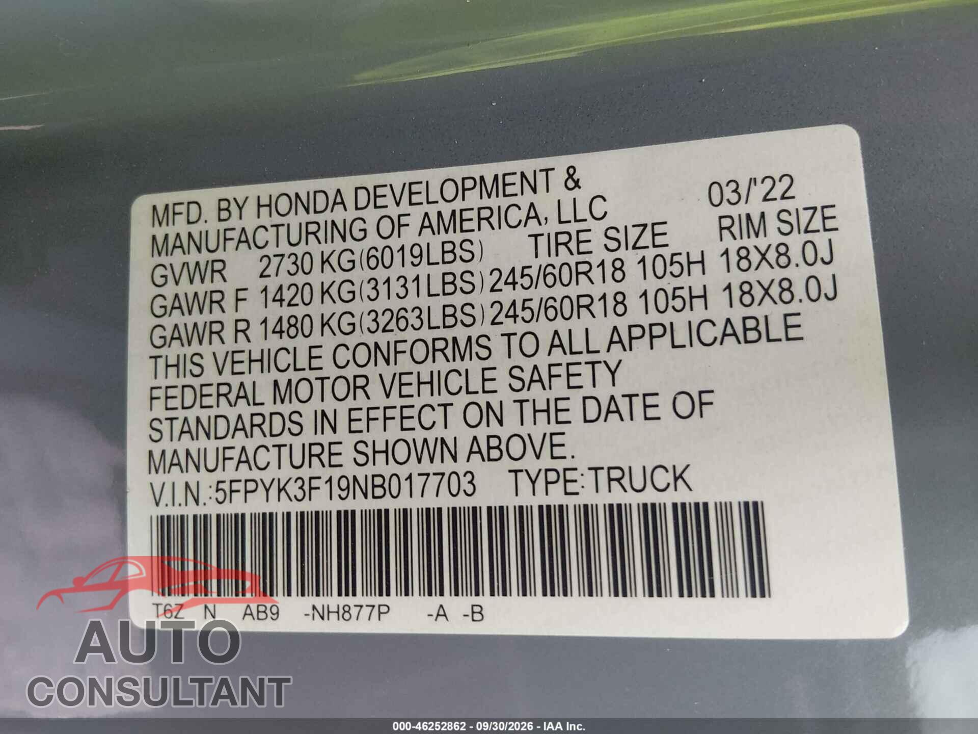 HONDA RIDGELINE 2022 - 5FPYK3F19NB017703