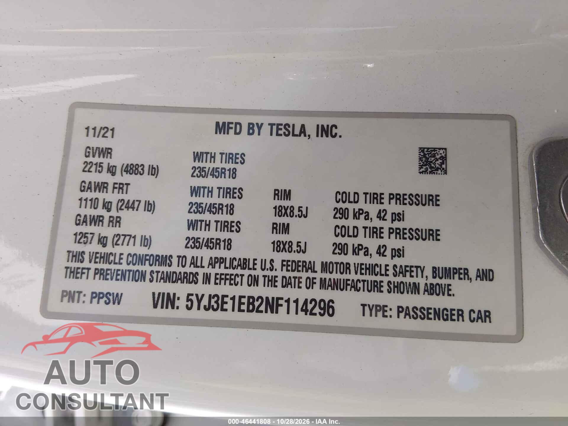 TESLA MODEL 3 2022 - 5YJ3E1EB2NF114296