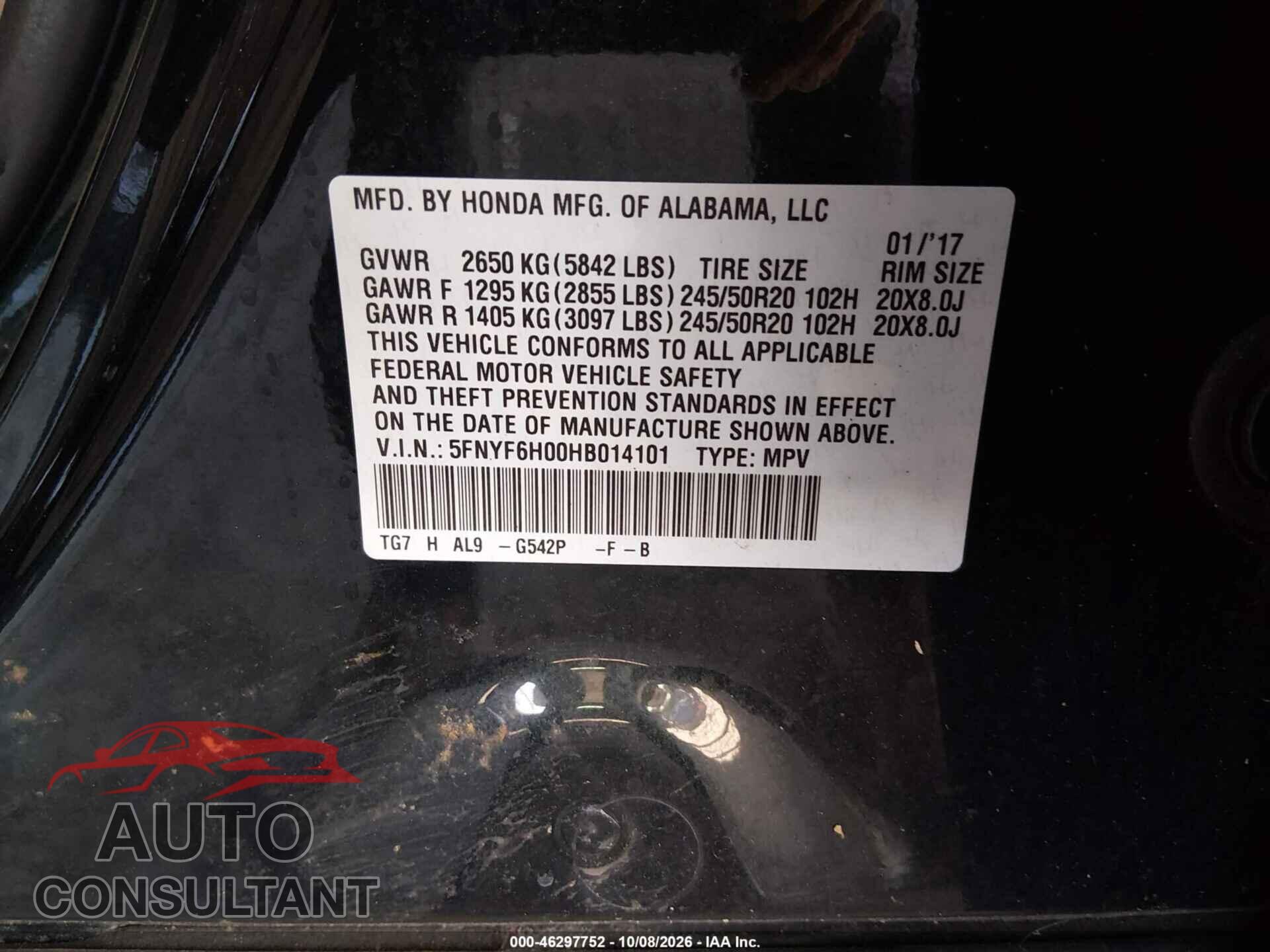 HONDA PILOT 2017 - 5FNYF6H00HB014101