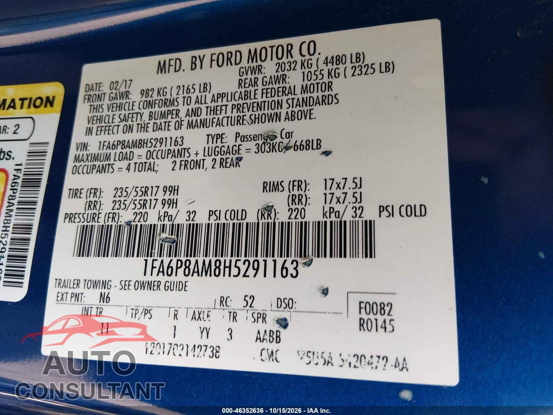 FORD MUSTANG 2017 - 1FA6P8AM8H5291163
