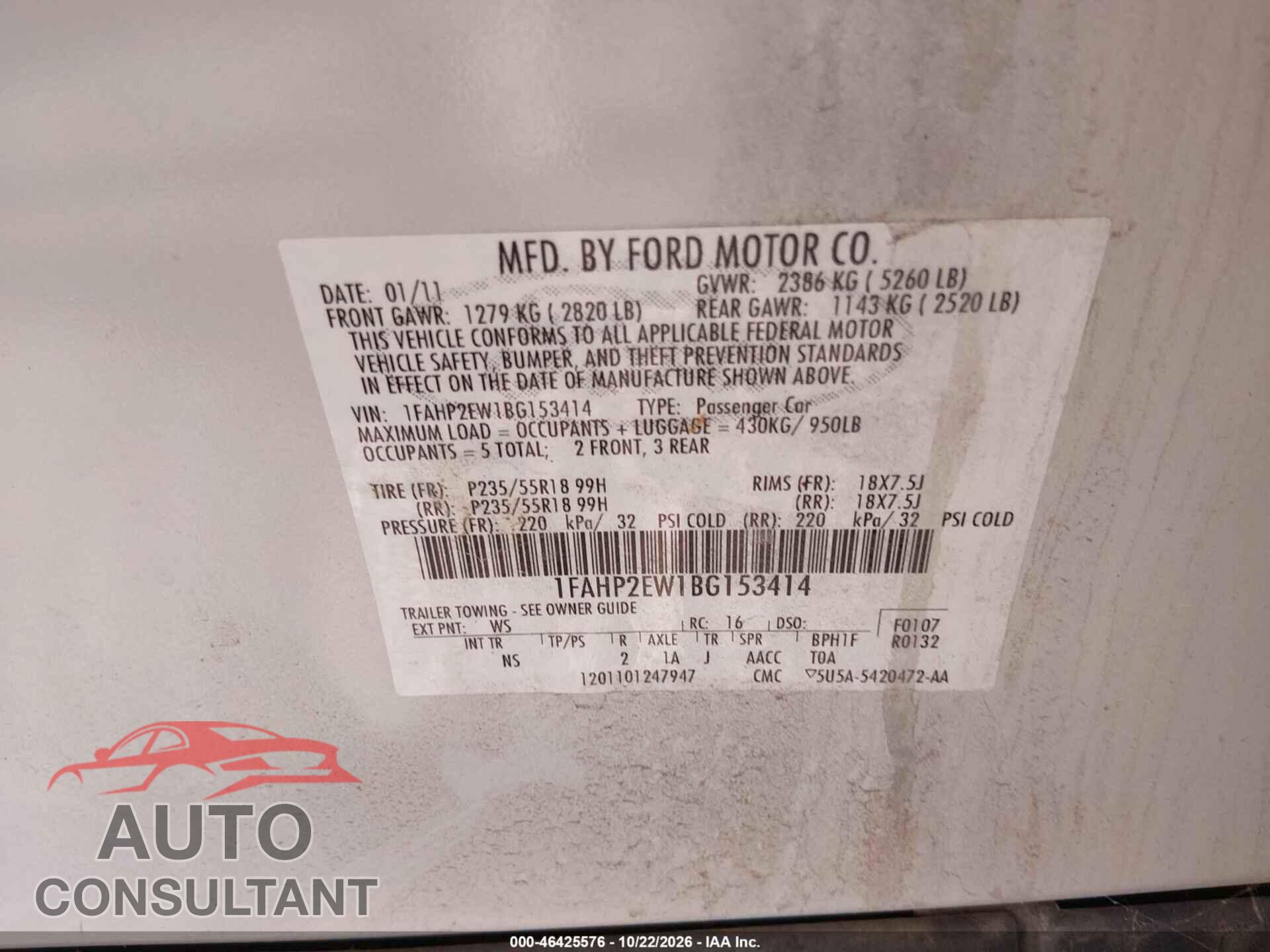FORD TAURUS 2011 - 1FAHP2EW1BG153414