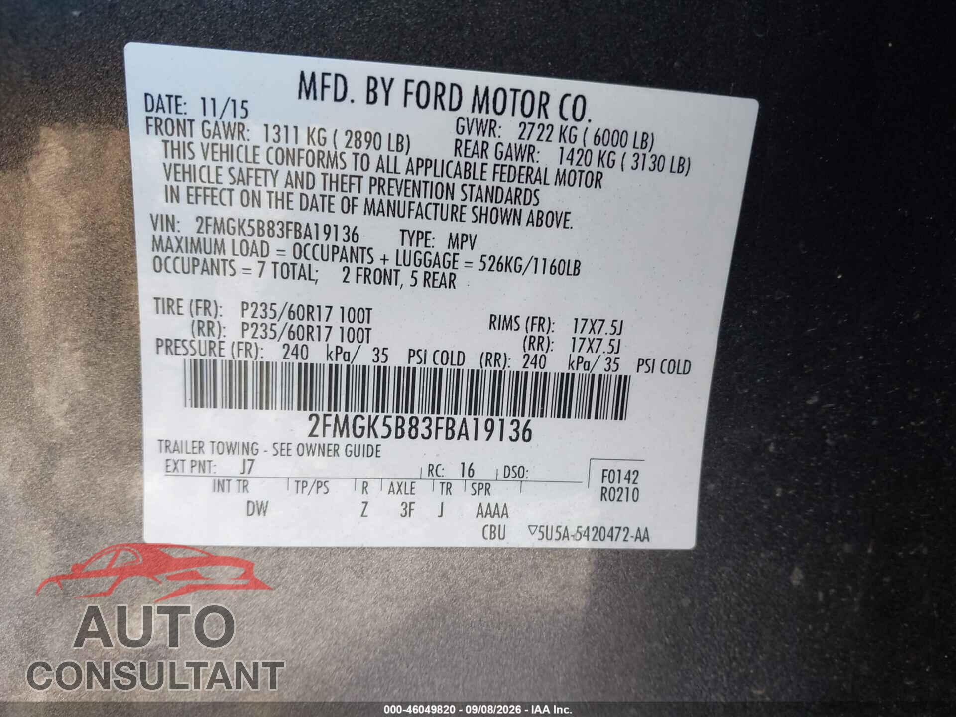 FORD FLEX 2015 - 2FMGK5B83FBA19136