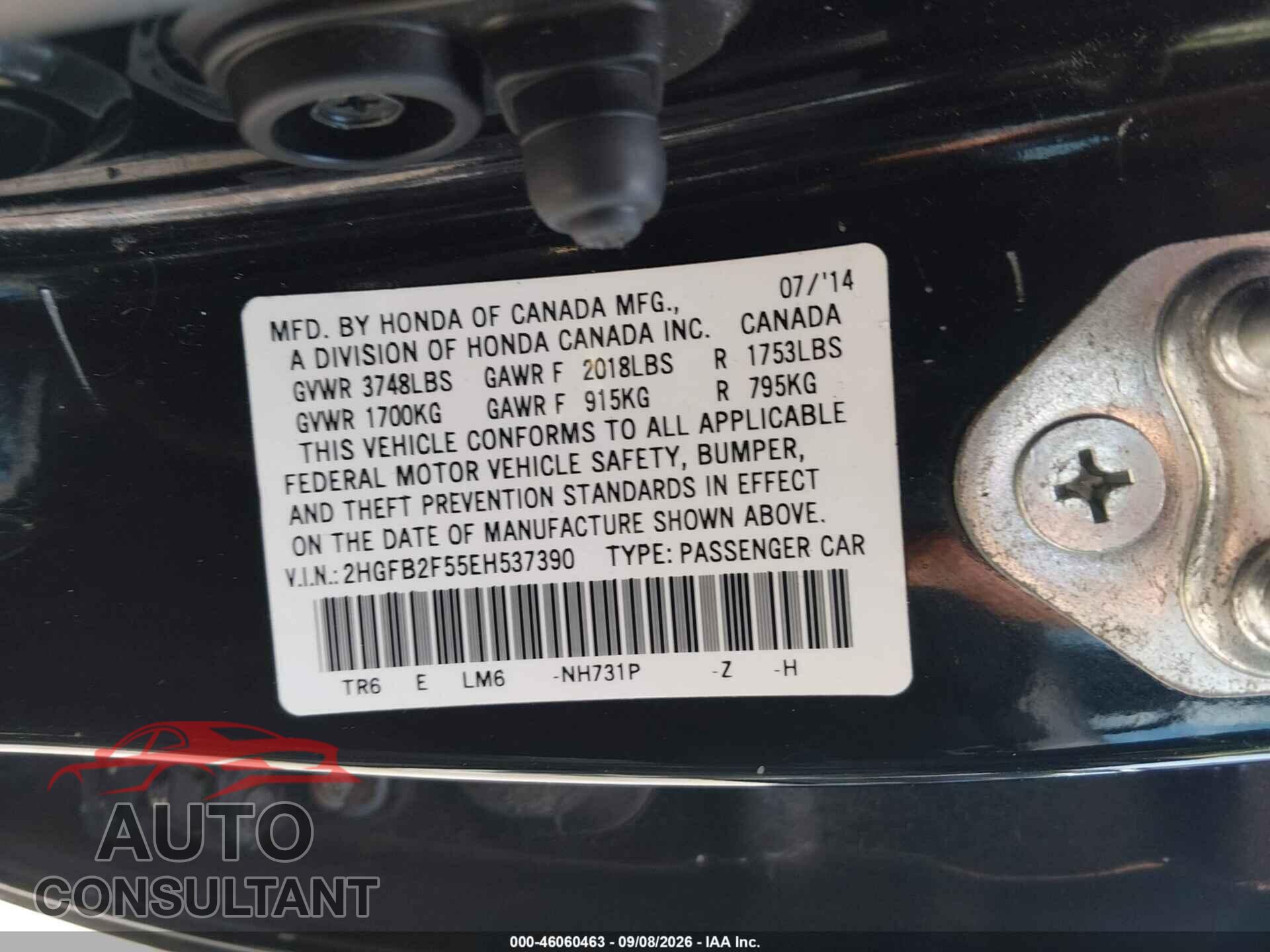 HONDA CIVIC 2014 - 2HGFB2F55EH537390