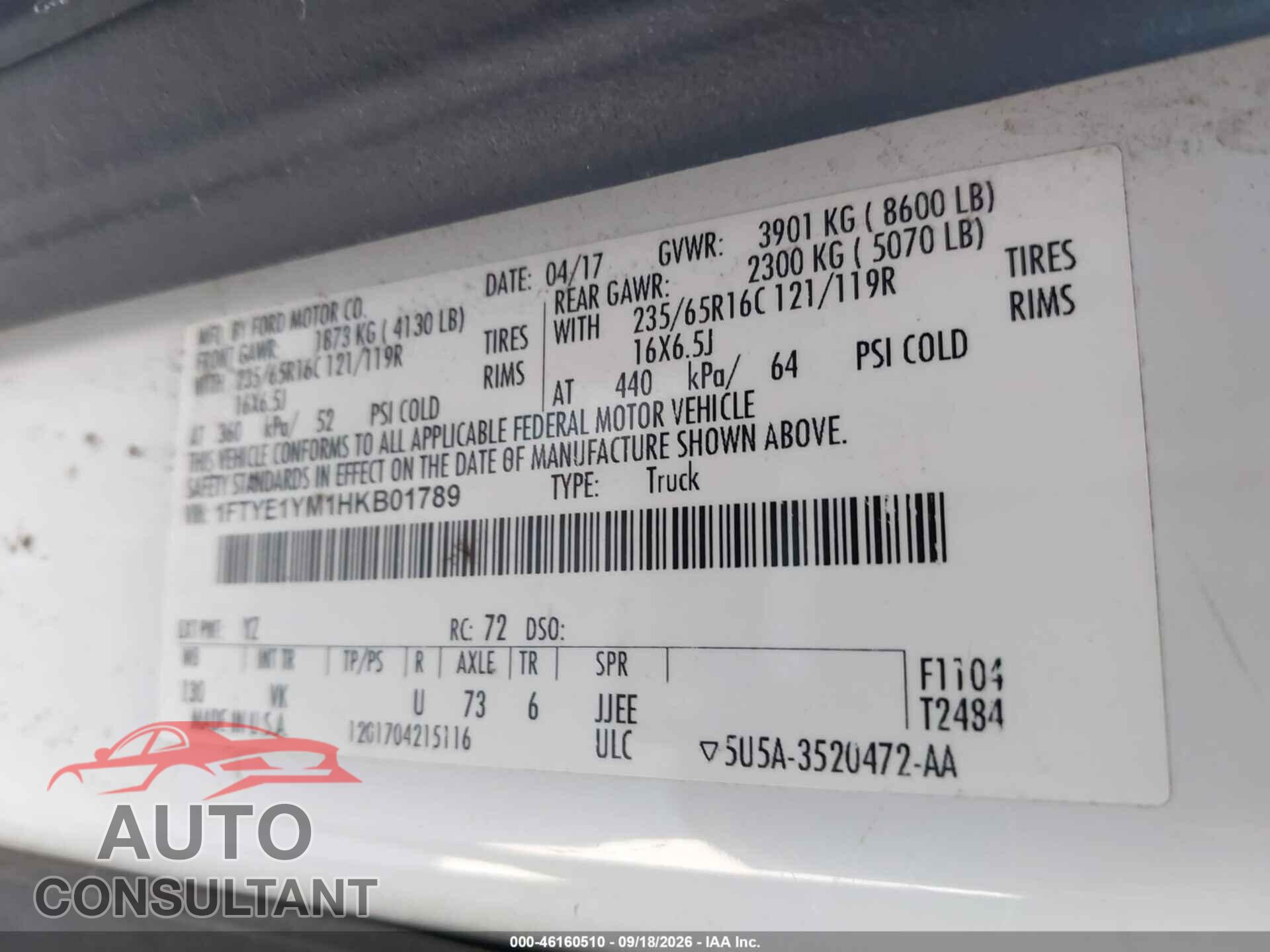 FORD TRANSIT-150 2017 - 1FTYE1YM1HKB01789