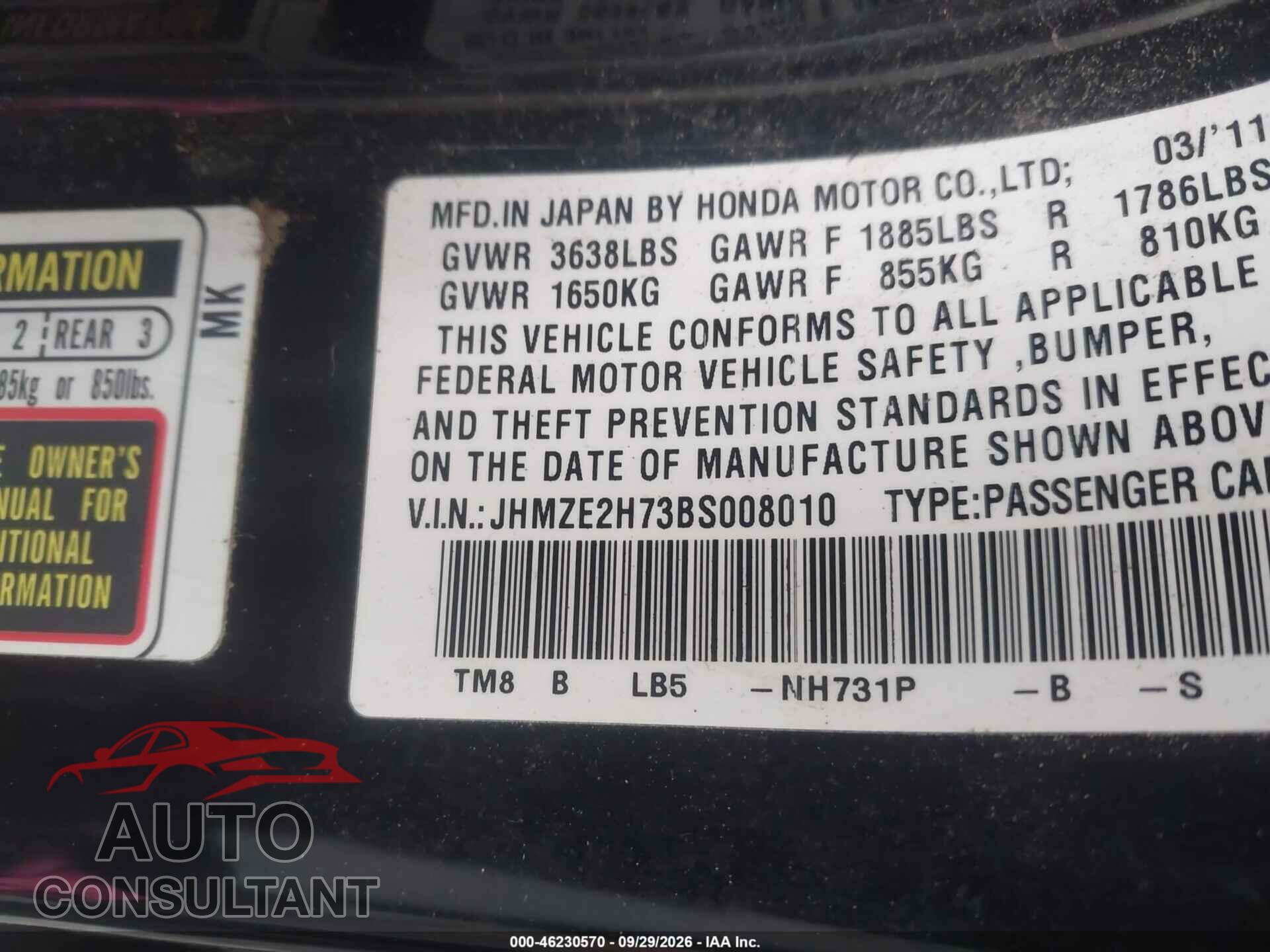 HONDA INSIGHT 2011 - JHMZE2H73BS008010