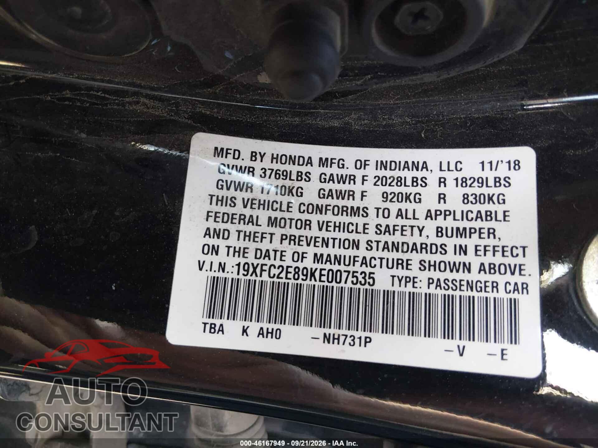 HONDA CIVIC 2019 - 19XFC2E89KE007535