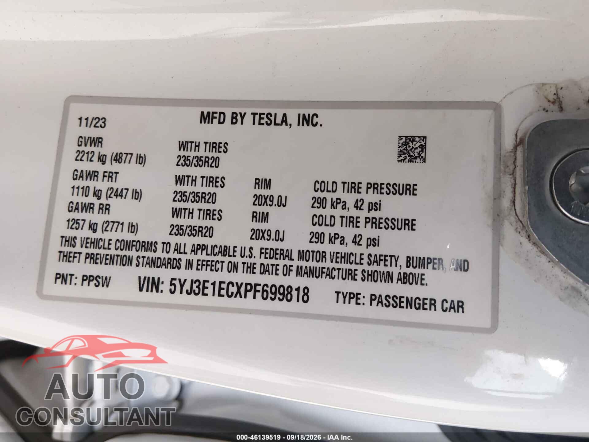 TESLA MODEL 3 2023 - 5YJ3E1ECXPF699818