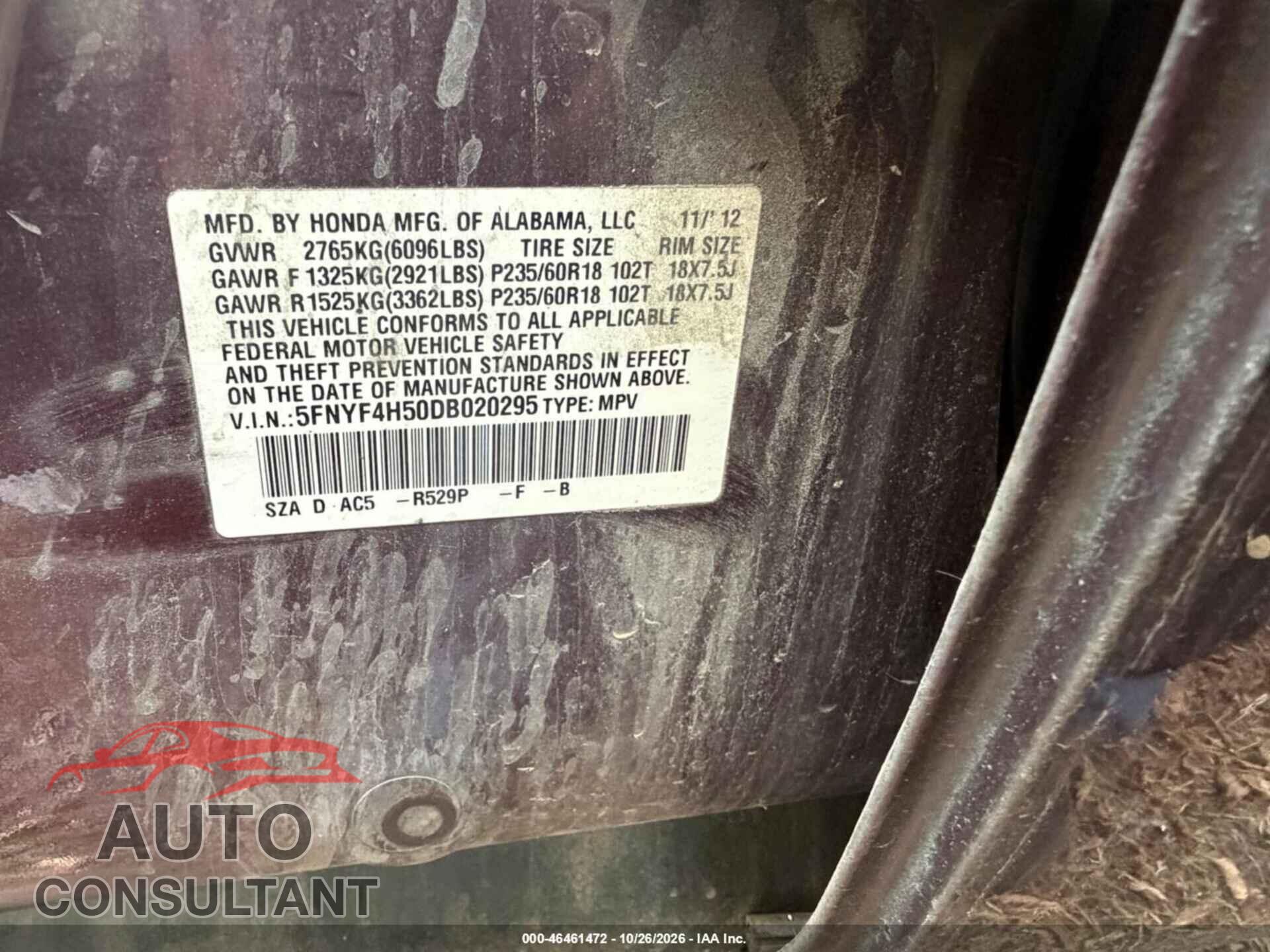 HONDA PILOT 2013 - 5FNYF4H50DB020295