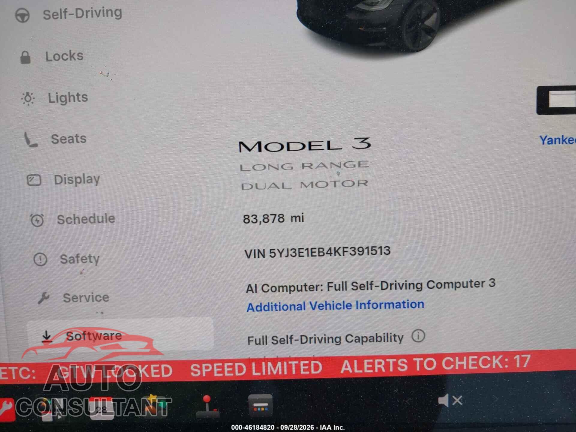 TESLA MODEL 3 2019 - 5YJ3E1EB4KF391513