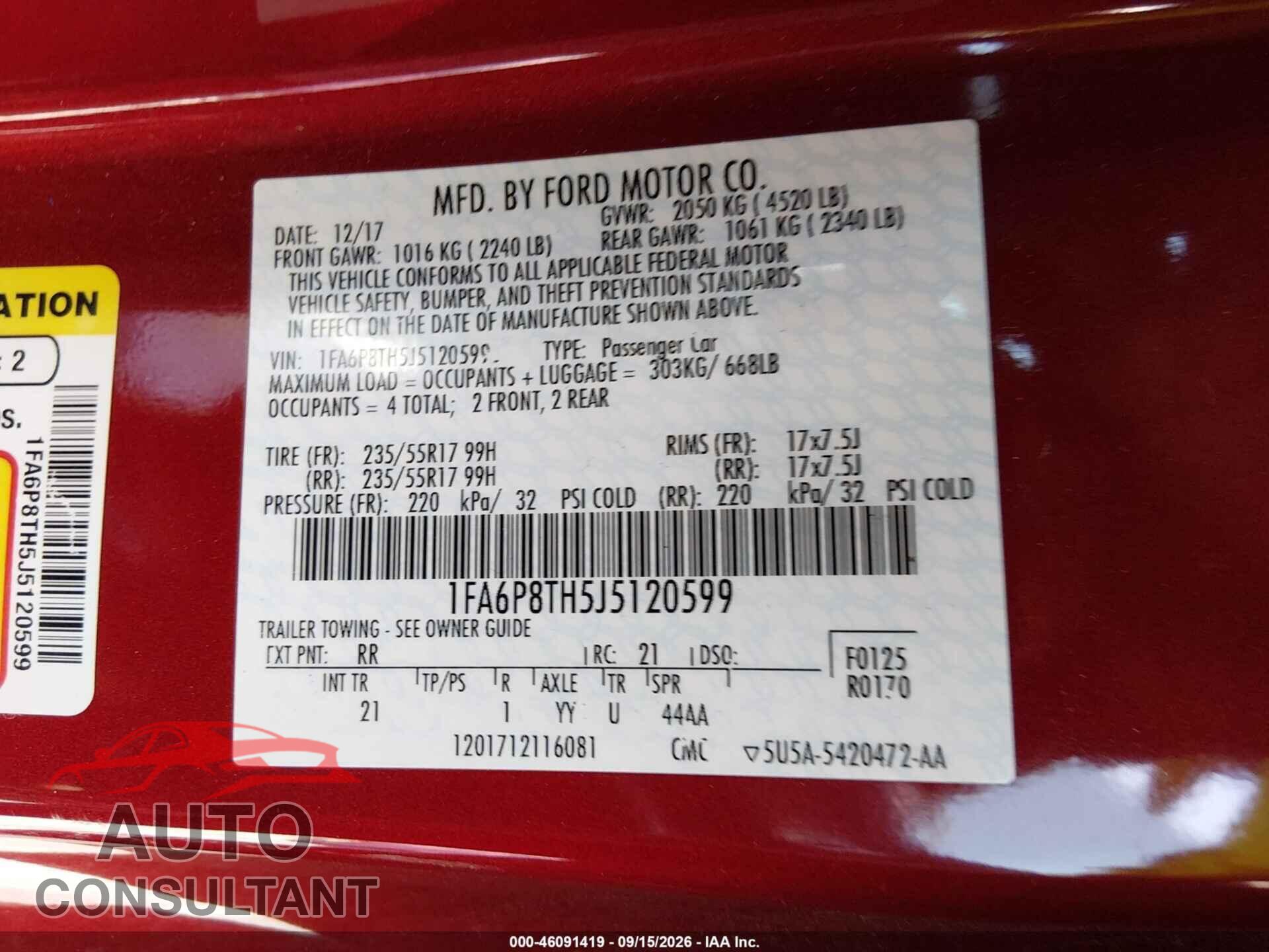 FORD MUSTANG 2018 - 1FA6P8TH5J5120599