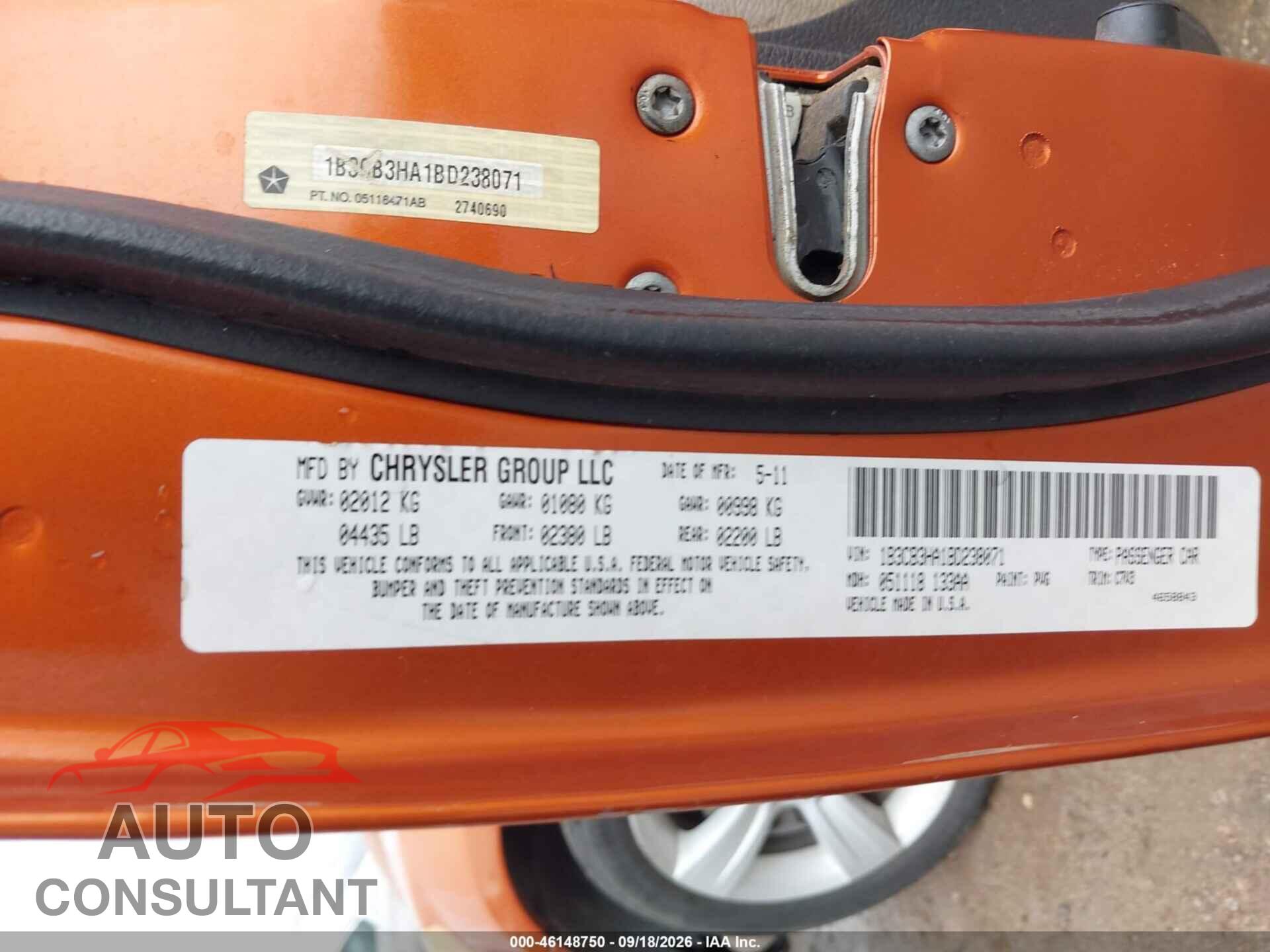 DODGE CALIBER 2011 - 1B3CB3HA1BD238071