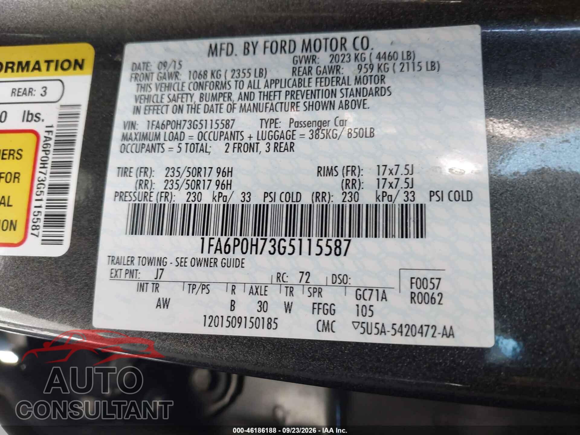 FORD FUSION 2016 - 1FA6P0H73G5115587