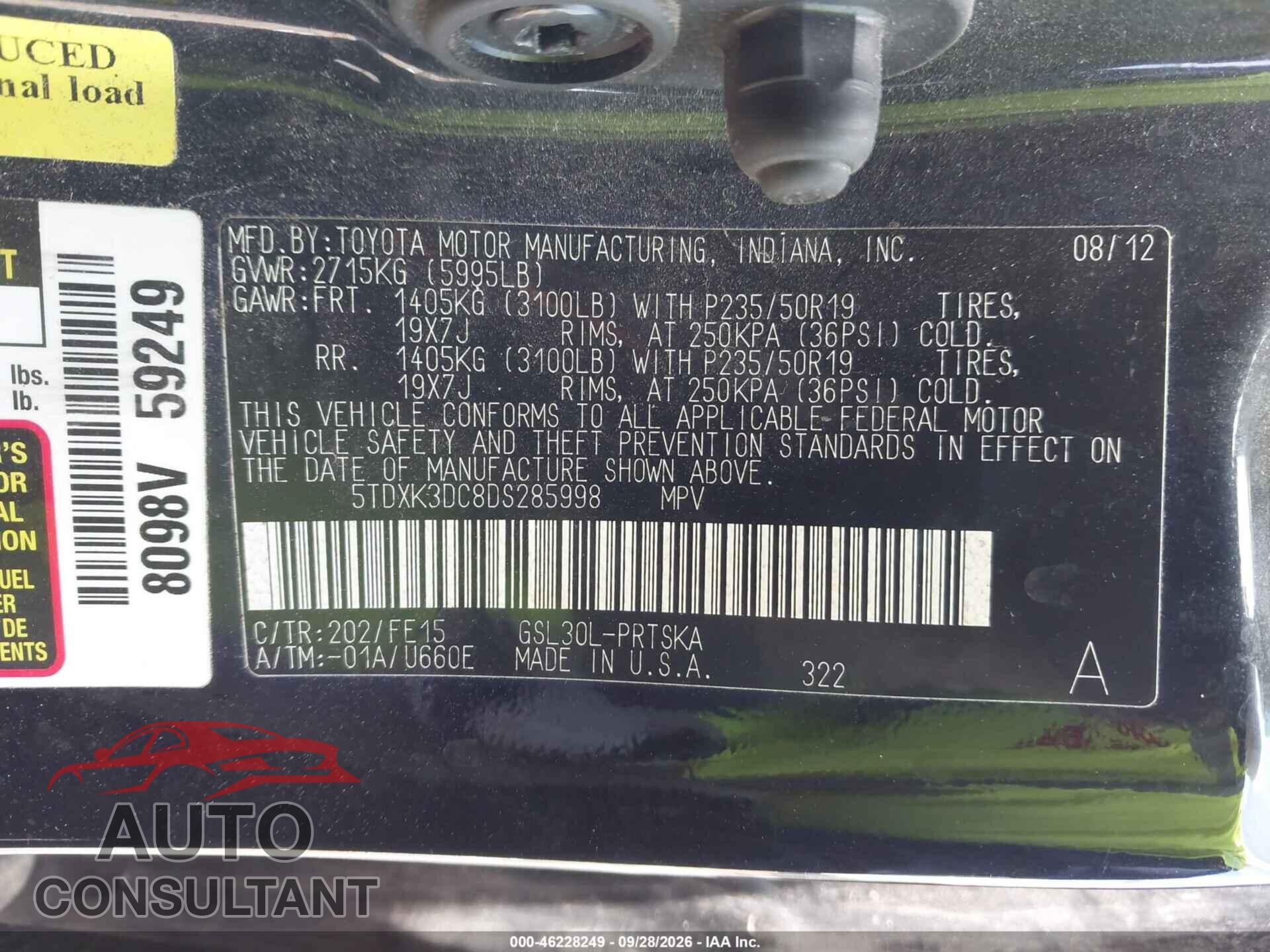 TOYOTA SIENNA 2013 - 5TDXK3DC8DS285998