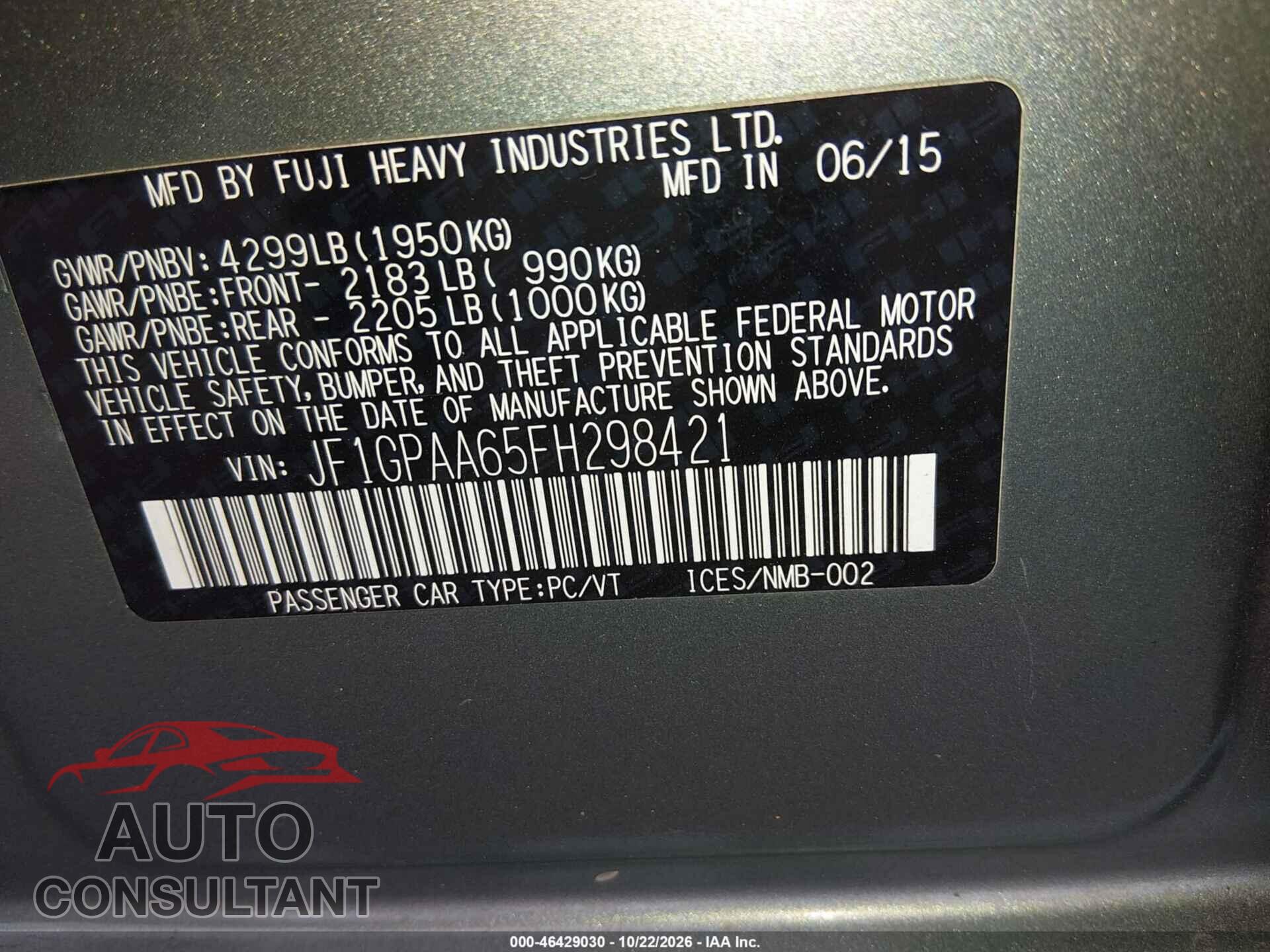 SUBARU IMPREZA 2015 - JF1GPAA65FH298421
