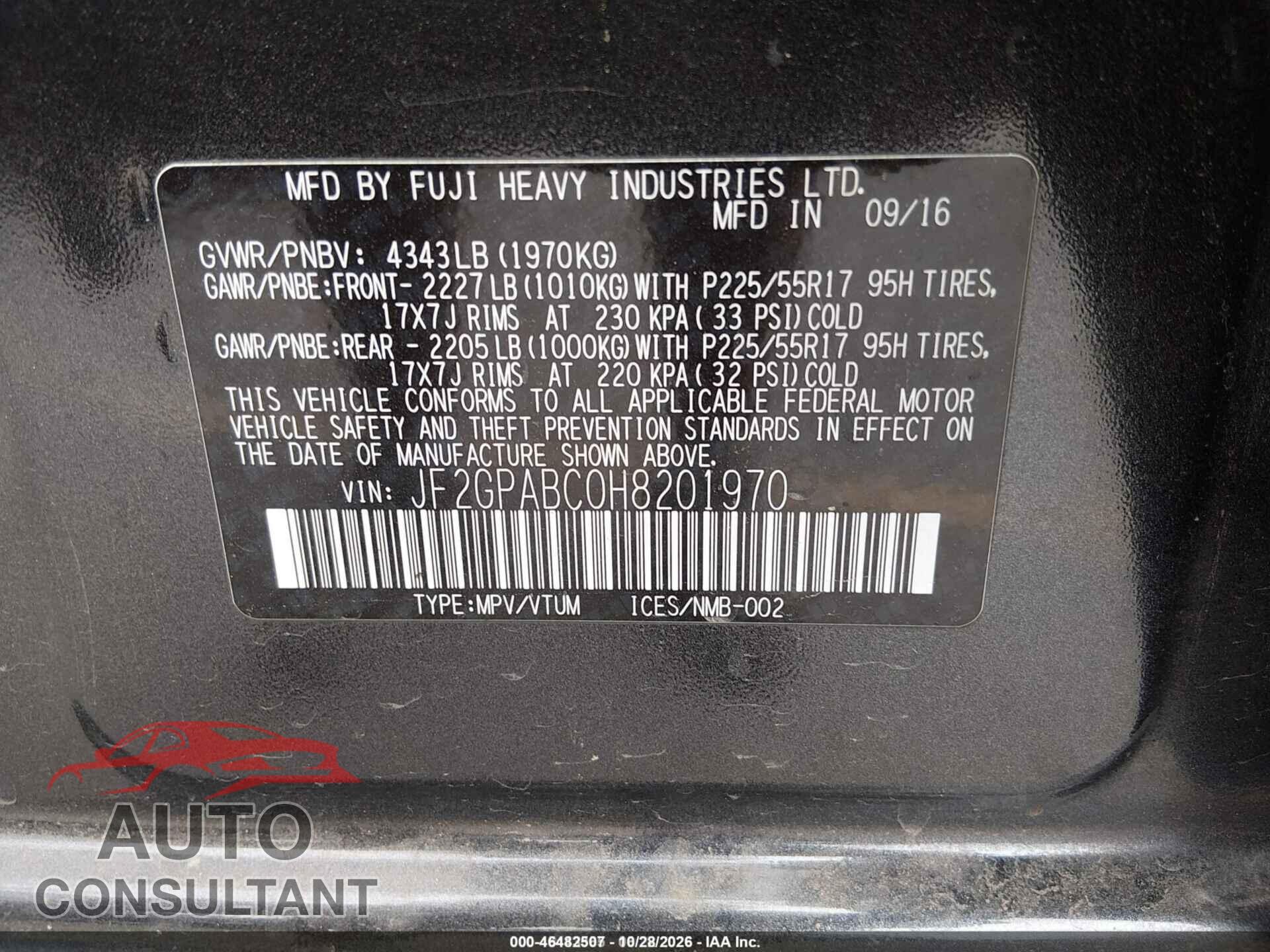 SUBARU CROSSTREK 2017 - JF2GPABC0H8201970