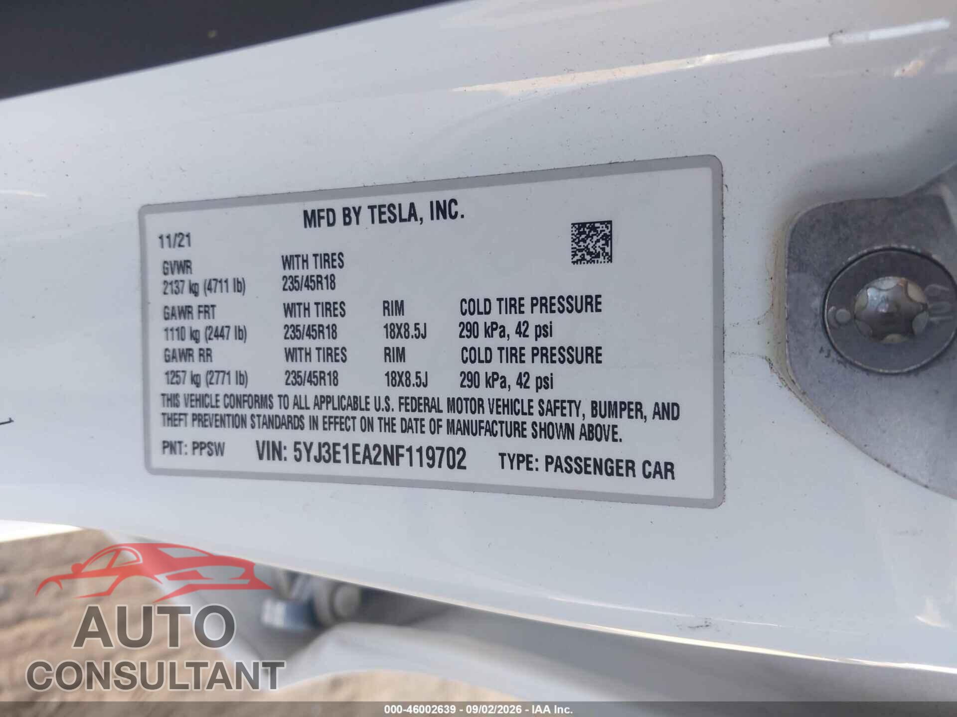 TESLA MODEL 3 2022 - 5YJ3E1EA2NF119702