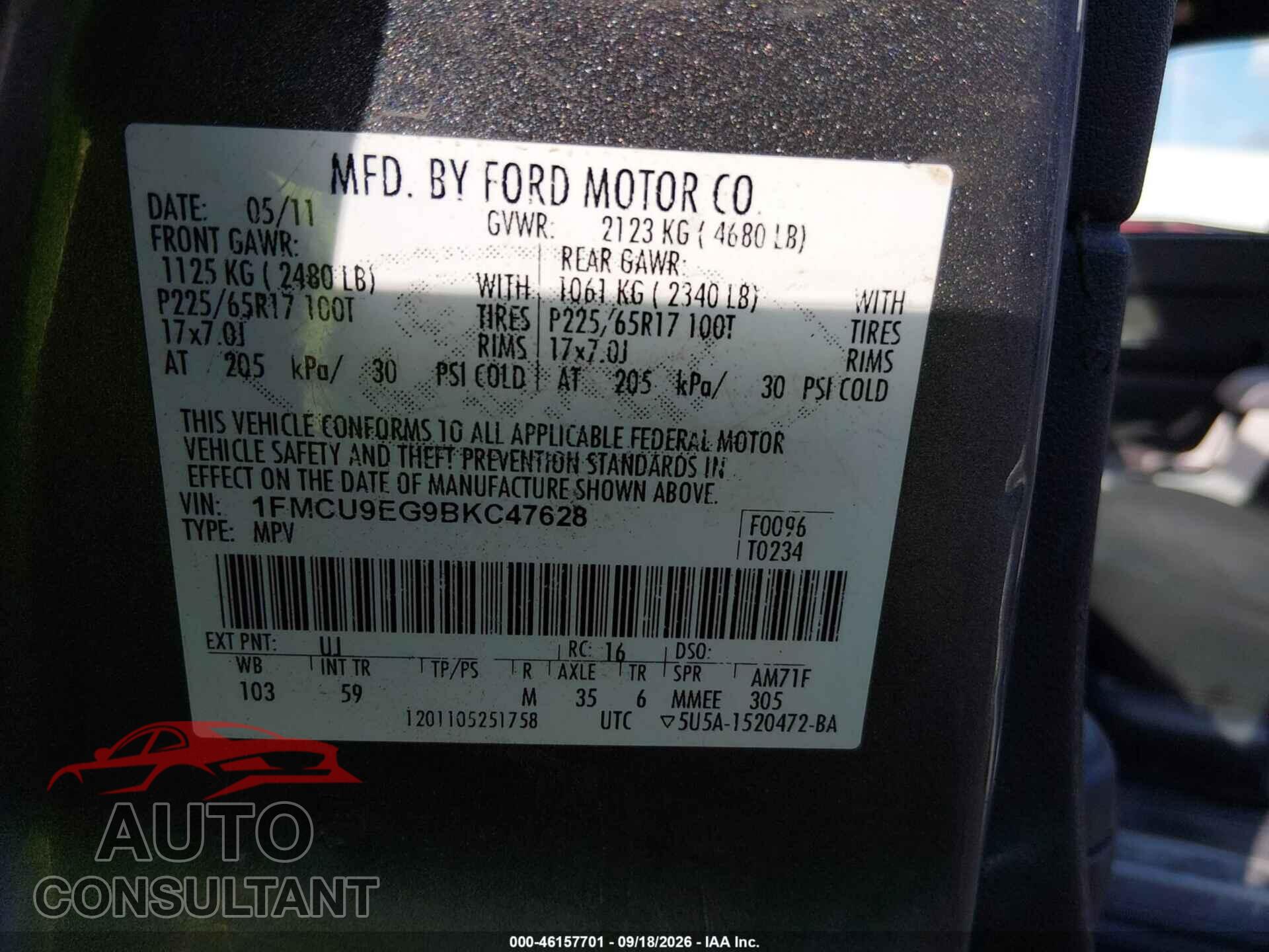 FORD ESCAPE 2011 - 1FMCU9D76BKB69679