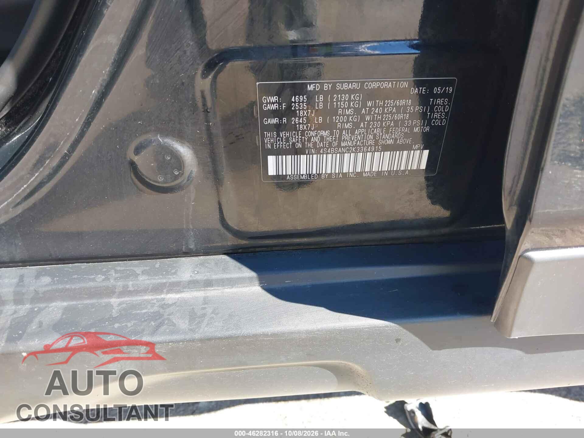 SUBARU OUTBACK 2019 - 4S4BSANC2K3364915
