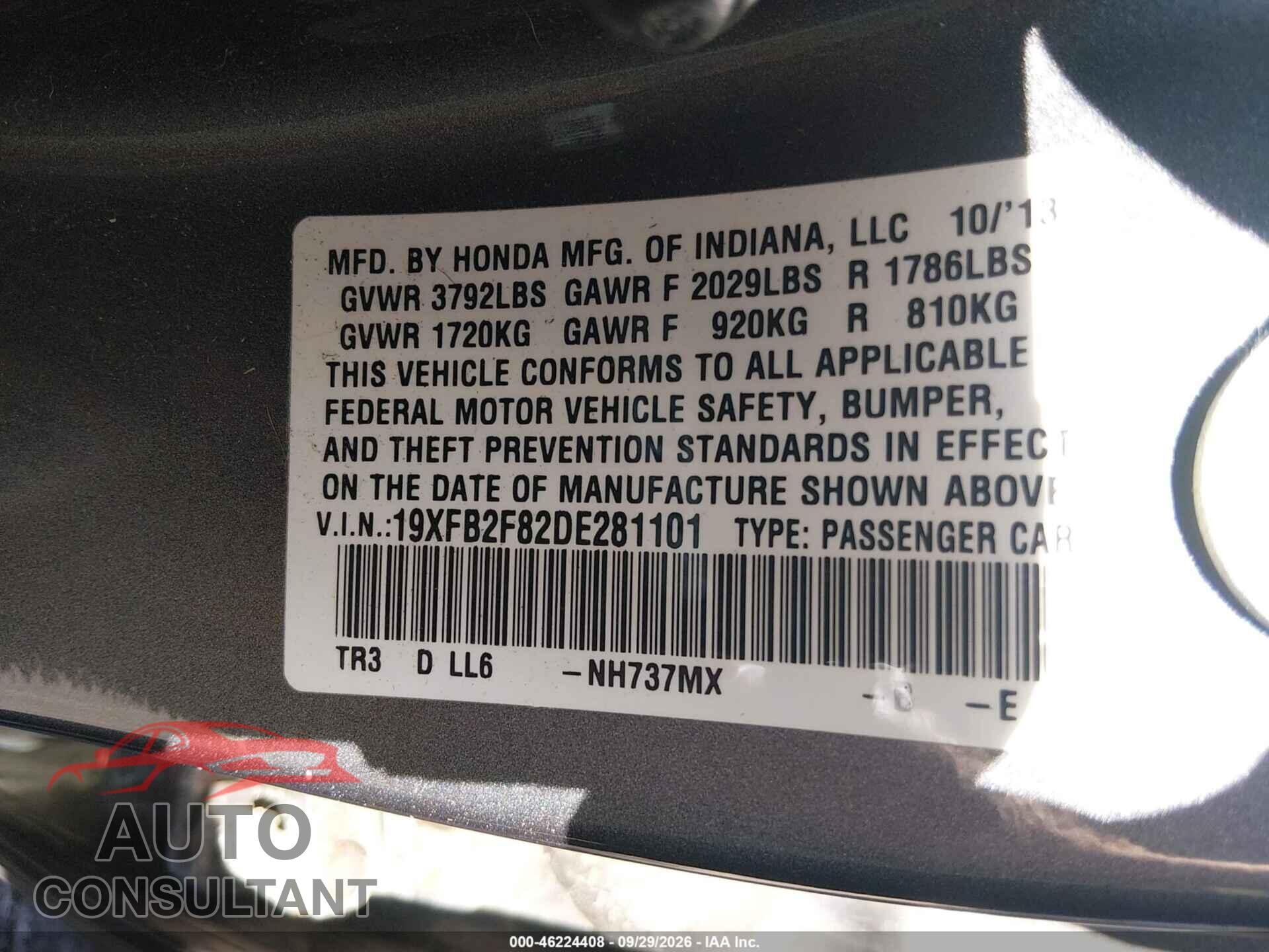 HONDA CIVIC 2013 - 19XFB2F82DE281101