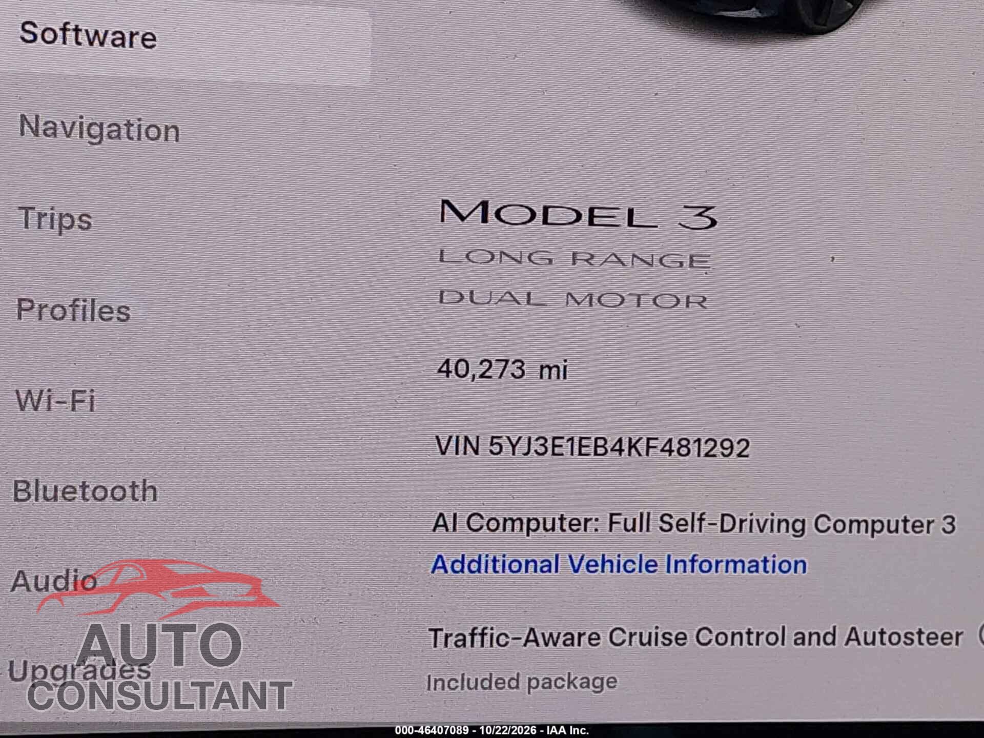 TESLA MODEL 3 2019 - 5YJ3E1EB4KF481292