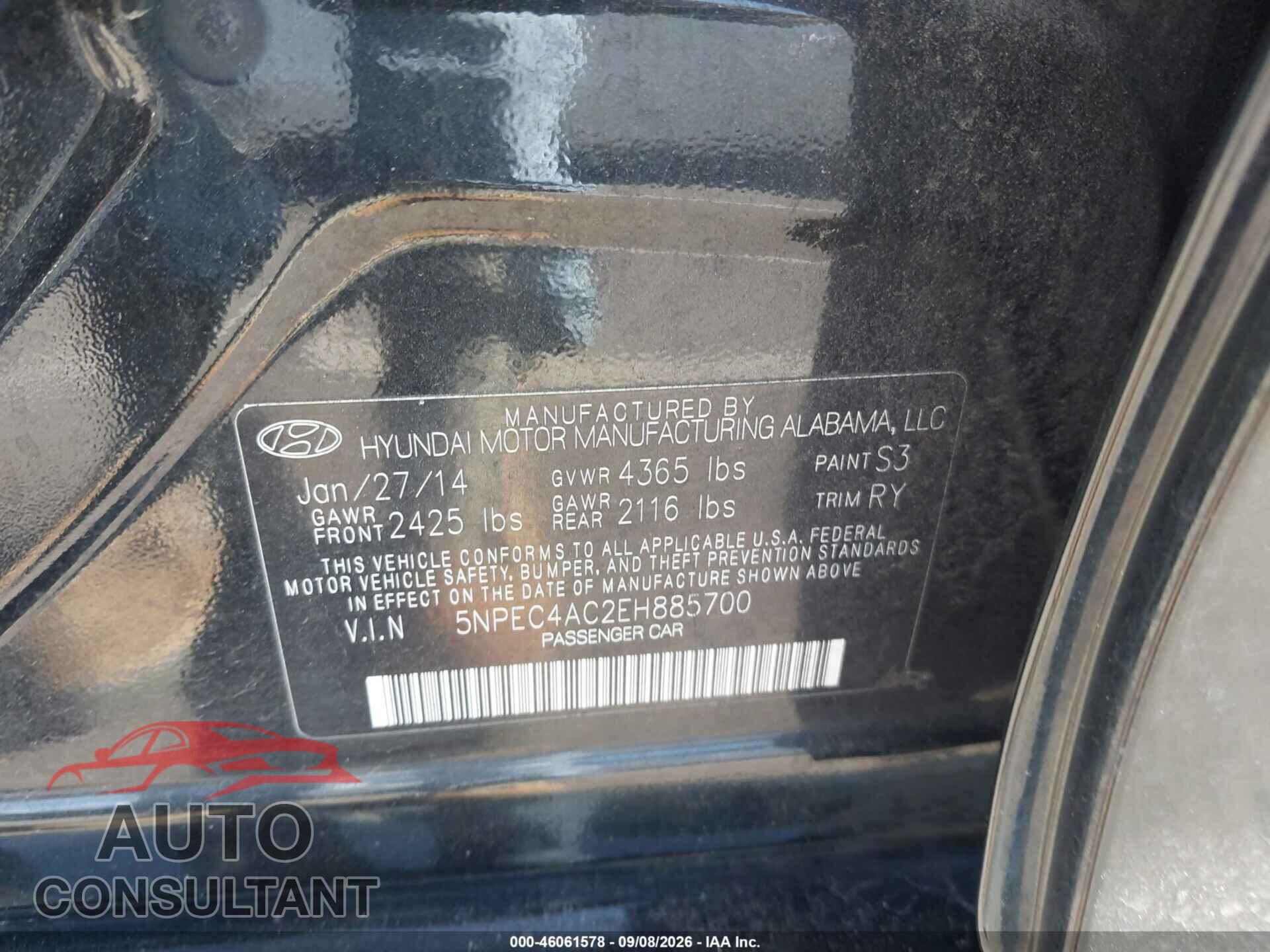 HYUNDAI SONATA 2014 - 5NPEC4AC2EH885700