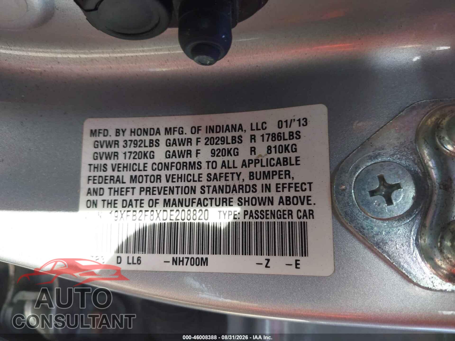 HONDA CIVIC 2013 - 19XFB2F8XDE208820