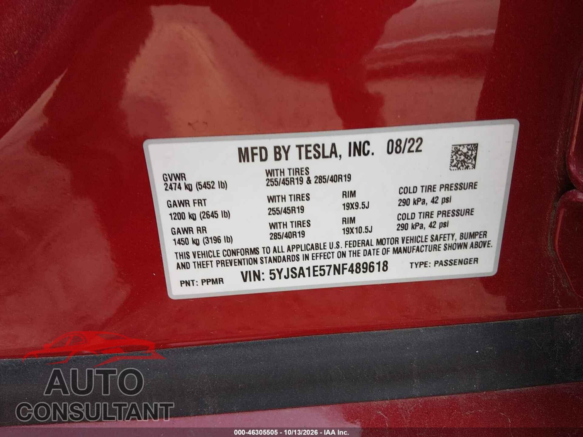 TESLA MODEL S 2022 - 5YJSA1E57NF489618