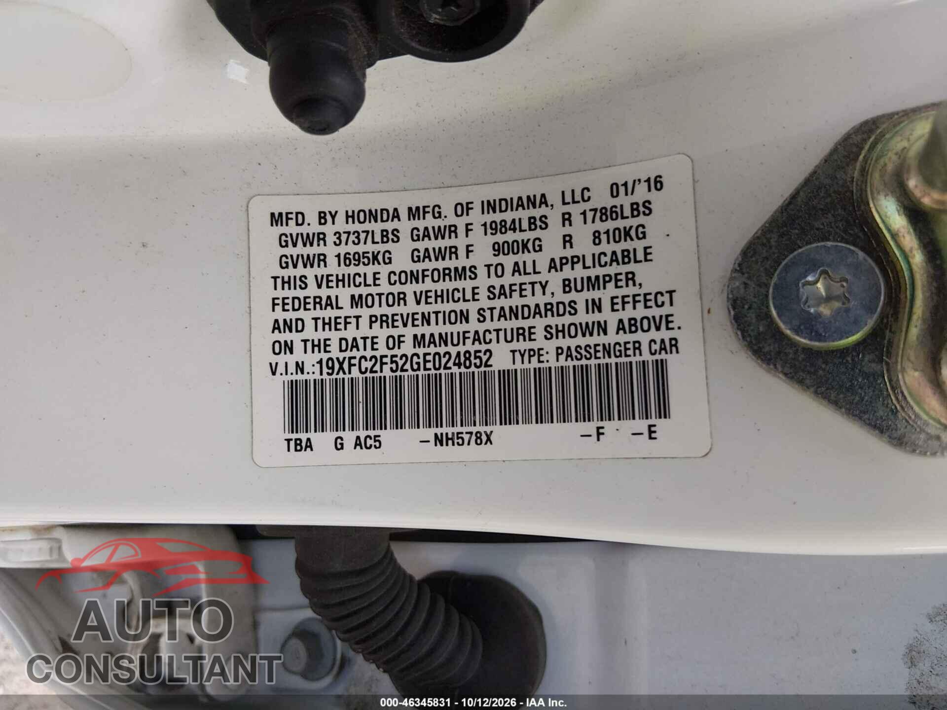 HONDA CIVIC 2016 - 19XFC2F52GE024852