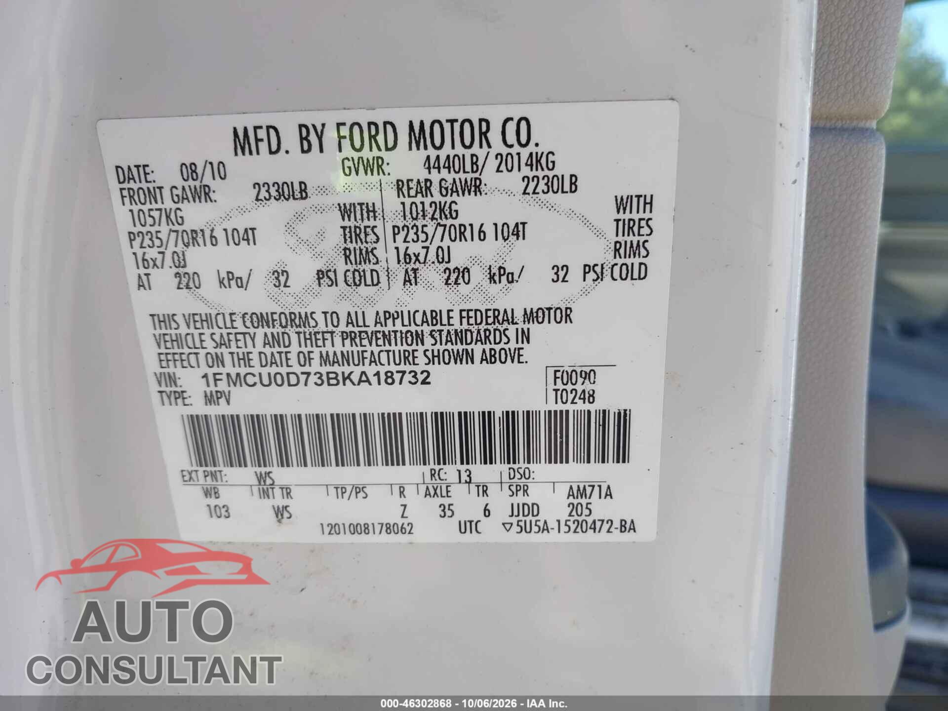 FORD ESCAPE 2011 - 1FMCU0D73BKA18732