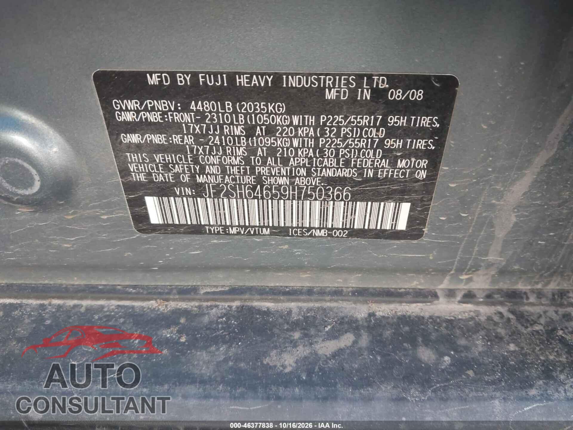 SUBARU FORESTER 2009 - JF2SH64659H750366